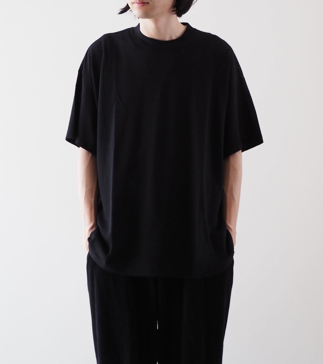 COMOLI Cotton Mesh Short Sleeve T-shirt, Black