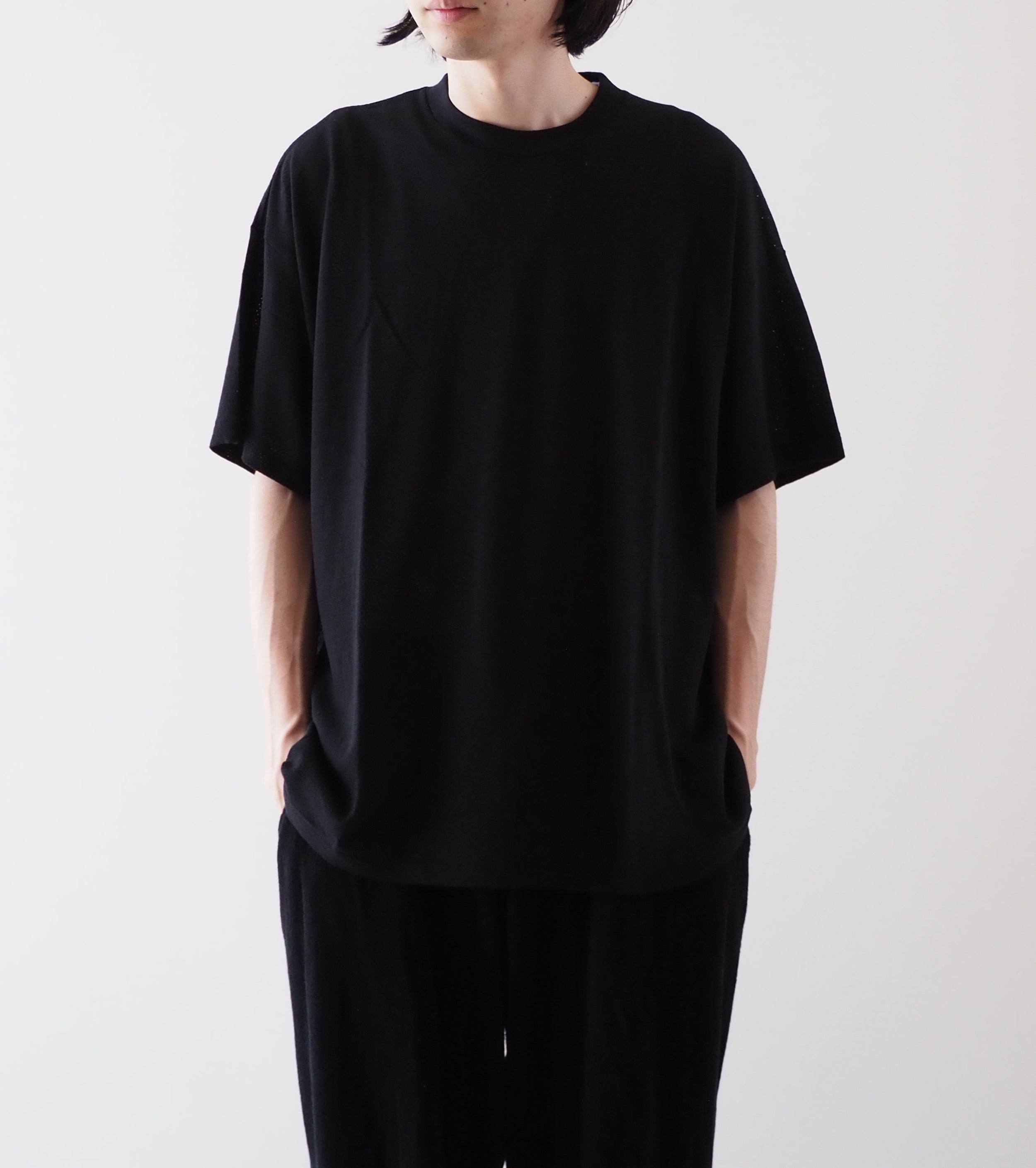 COMOLI Cotton Mesh Short Sleeve T-shirt, Black