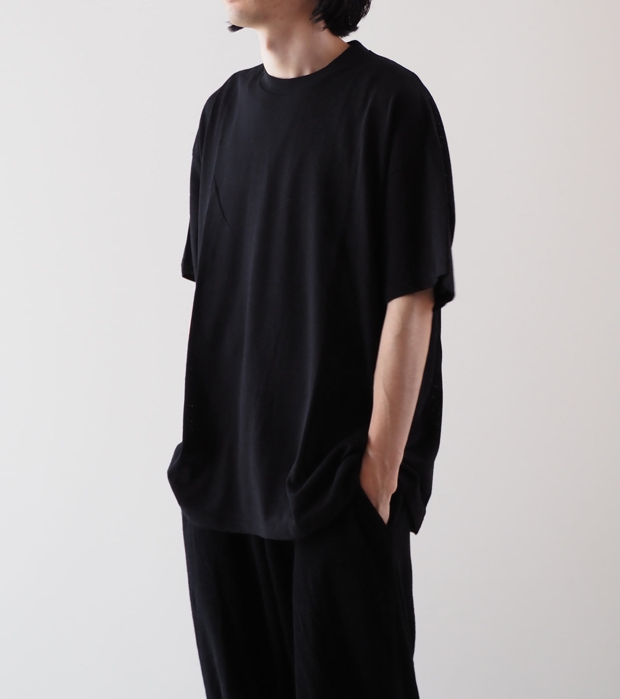 COMOLI Cotton Mesh Short Sleeve T-shirt, Black