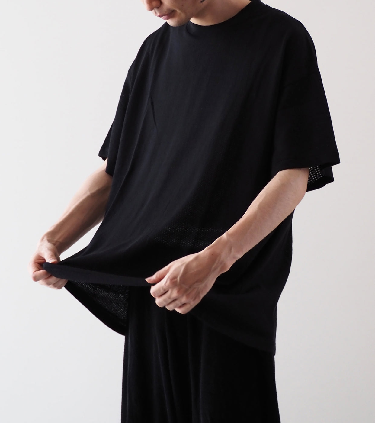 COMOLI Cotton Mesh Short Sleeve T-shirt, Black