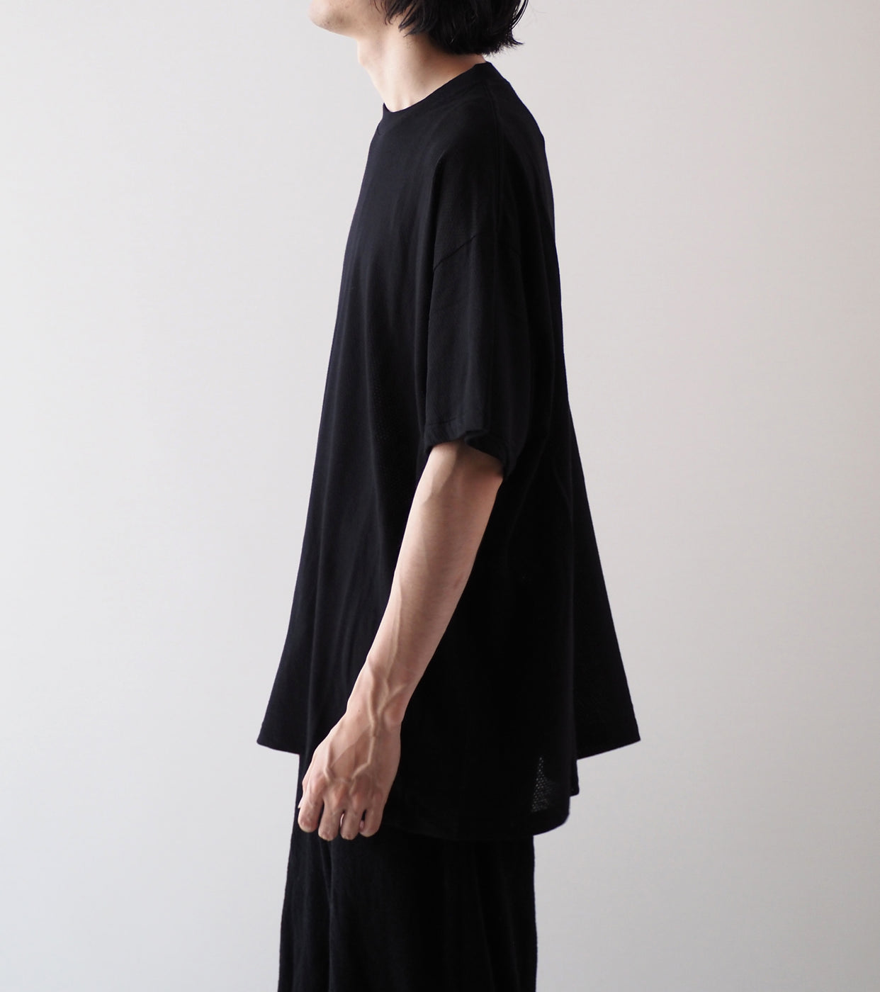 COMOLI Cotton Mesh Short Sleeve T-shirt, Black