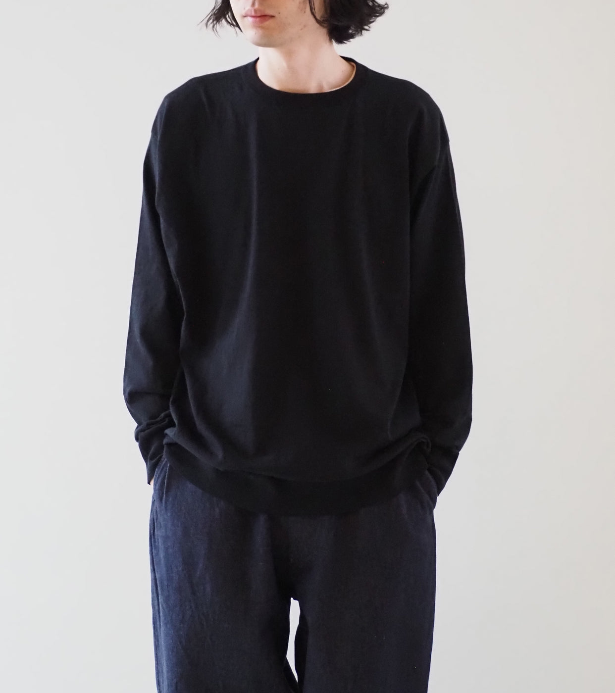 COMOLI Cotton Crew Neck Knit , Black