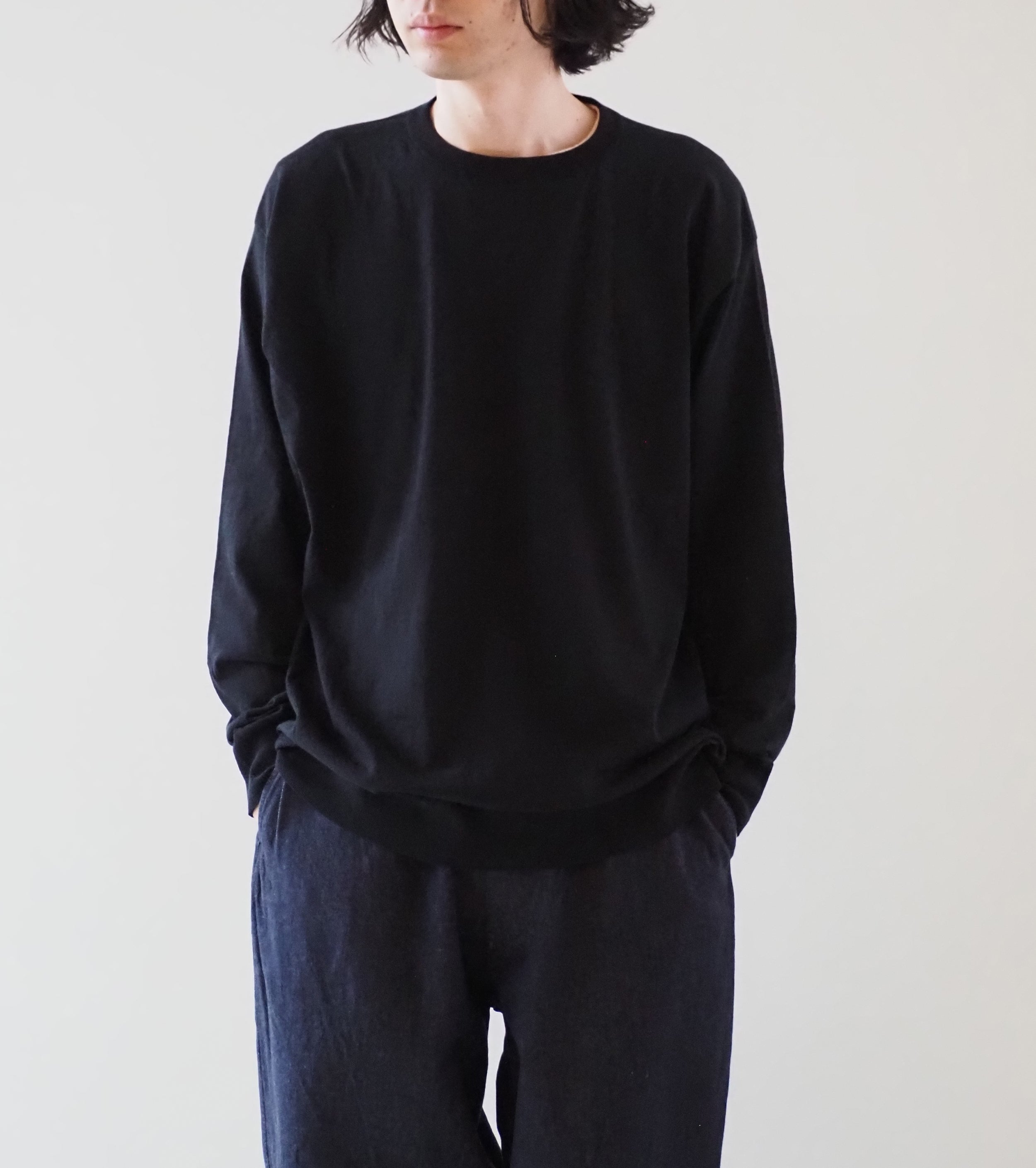 COMOLI Cotton Crew Neck Knit , Black