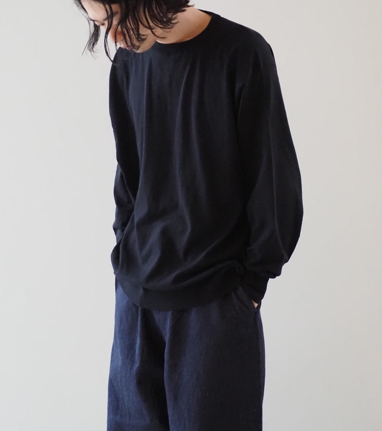 COMOLI Cotton Crew Neck Knit , Black