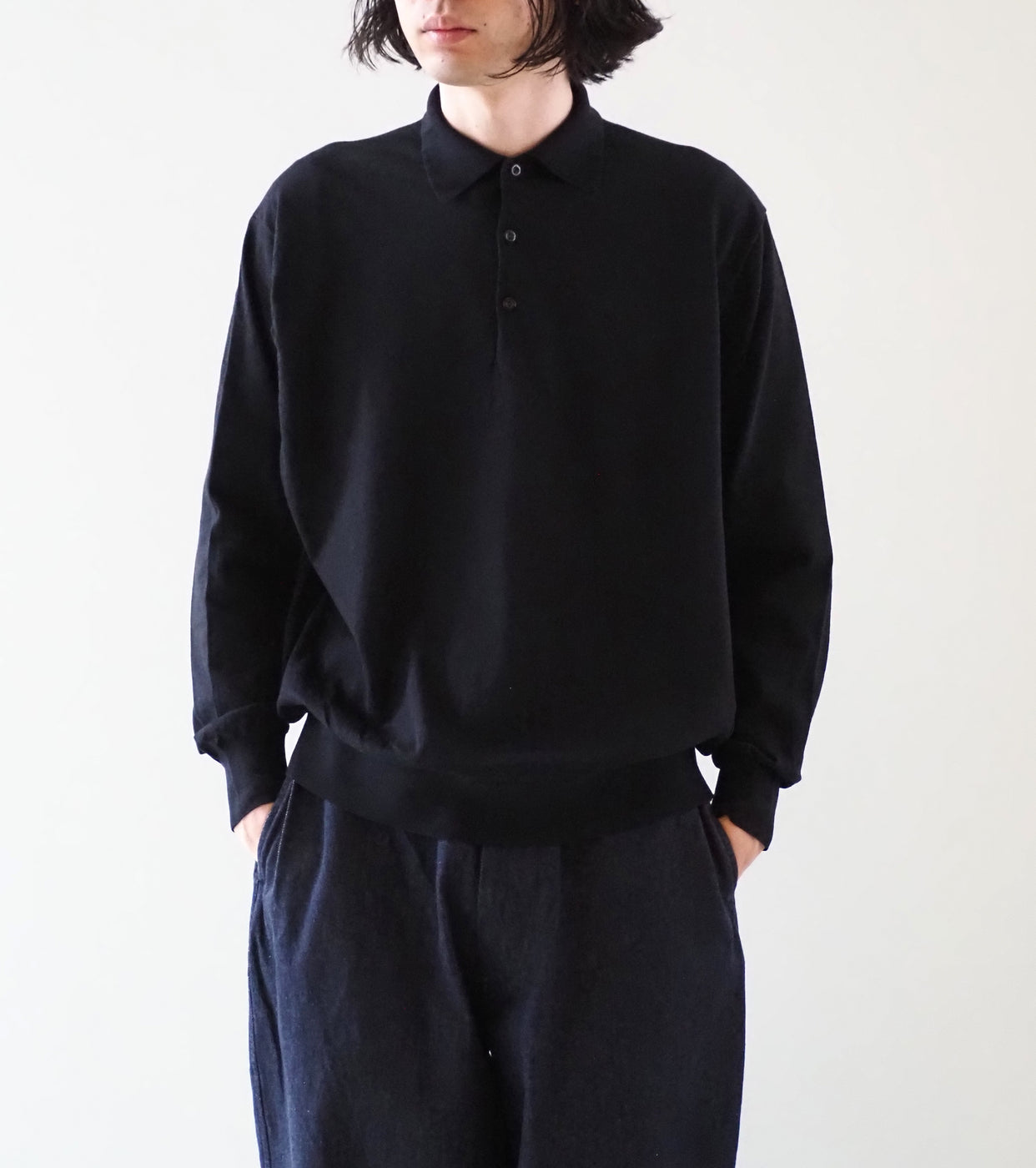 COMOLI Cotton Knit Polo, Black