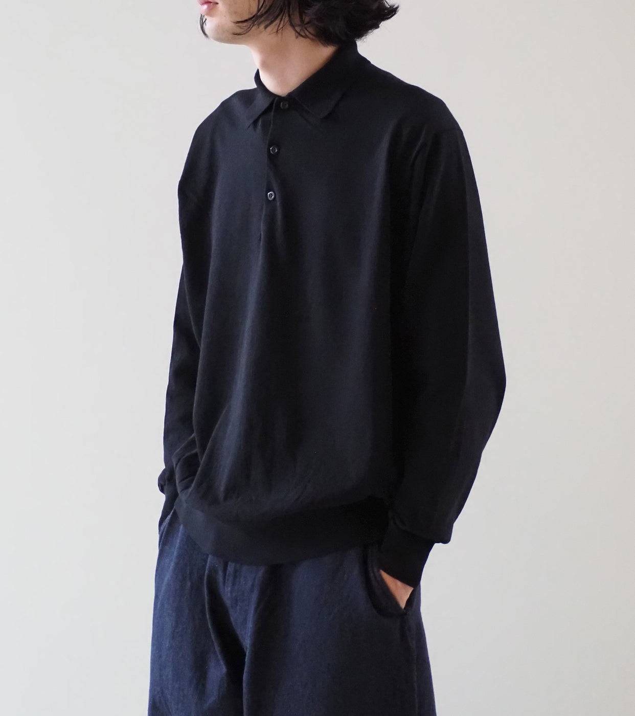 COMOLI Cotton Knit Polo, Black