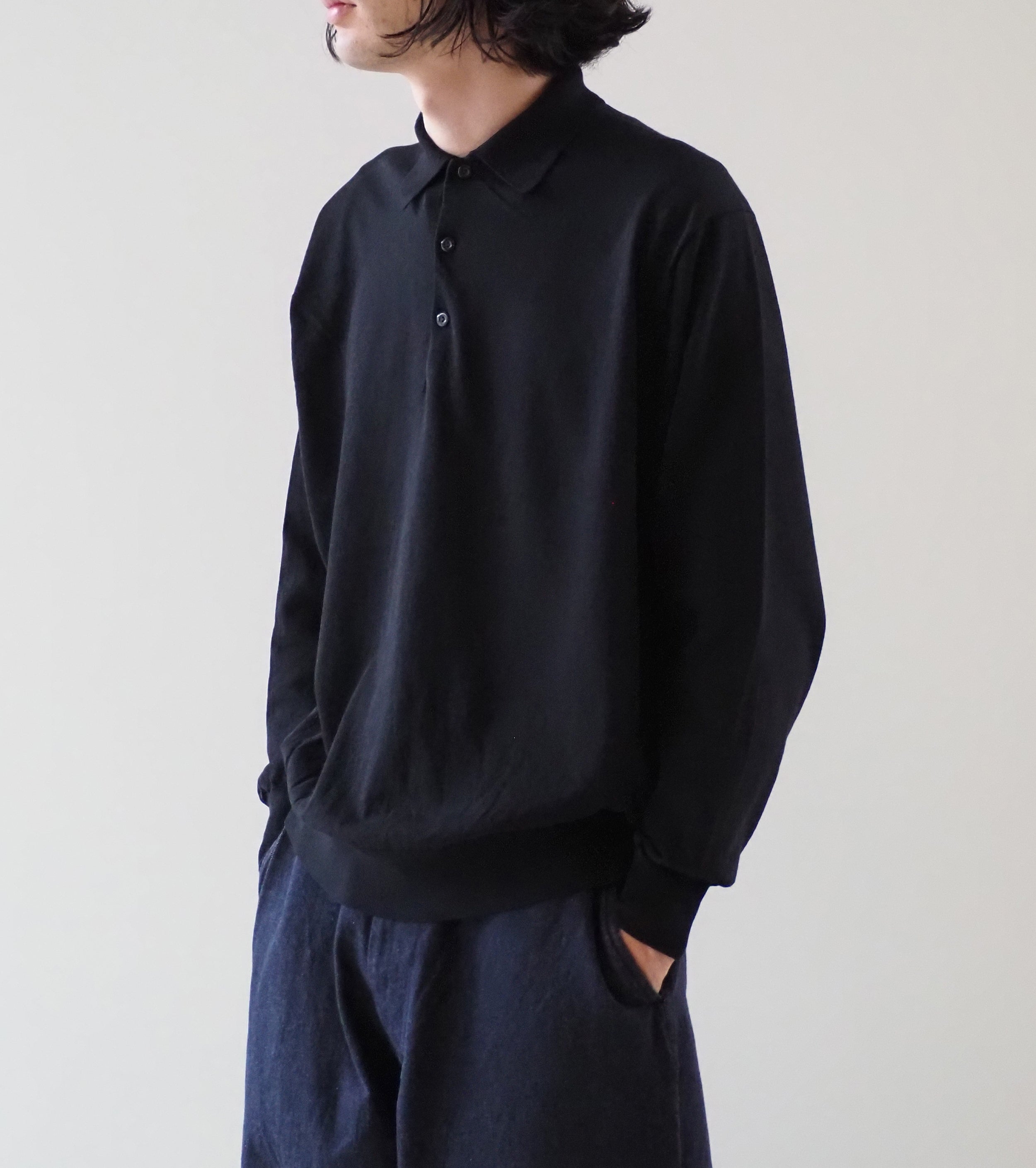 COMOLI Cotton Knit Polo, Black