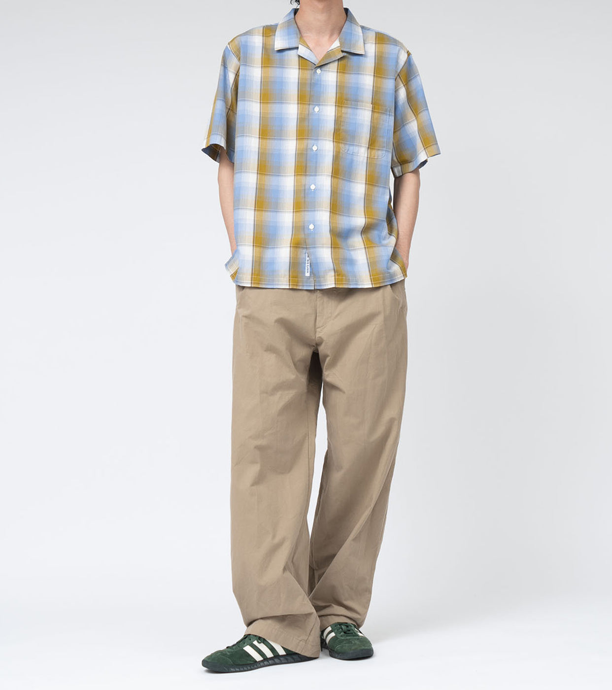 nanamica Open Collar Pique S/S Shirt , Yellow x Sax
