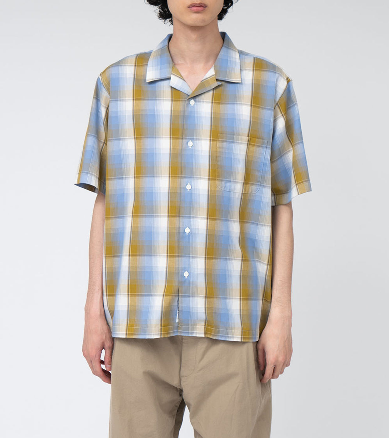 nanamica Open Collar Pique S/S Shirt , Yellow x Sax