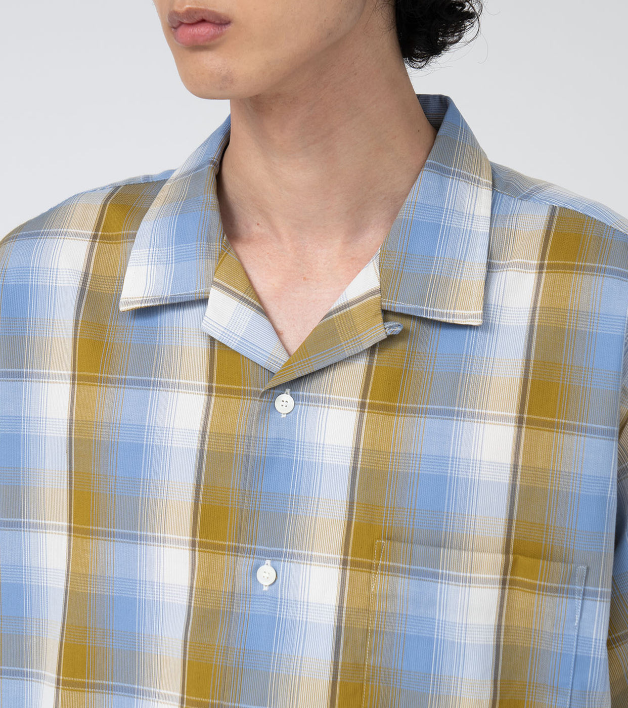 nanamica Open Collar Pique S/S Shirt , Yellow x Sax