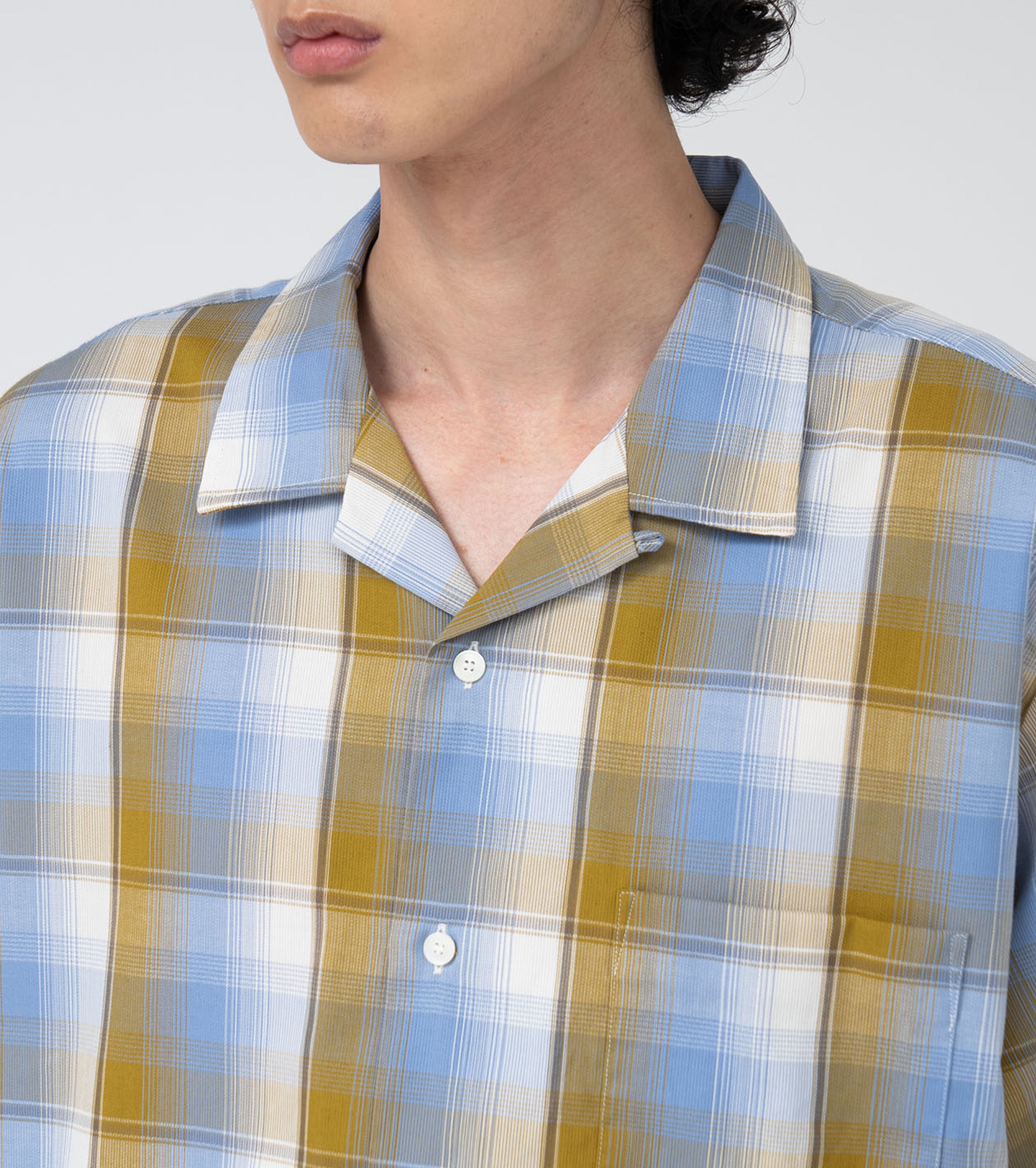 nanamica Open Collar Pique S/S Shirt , Yellow x Sax