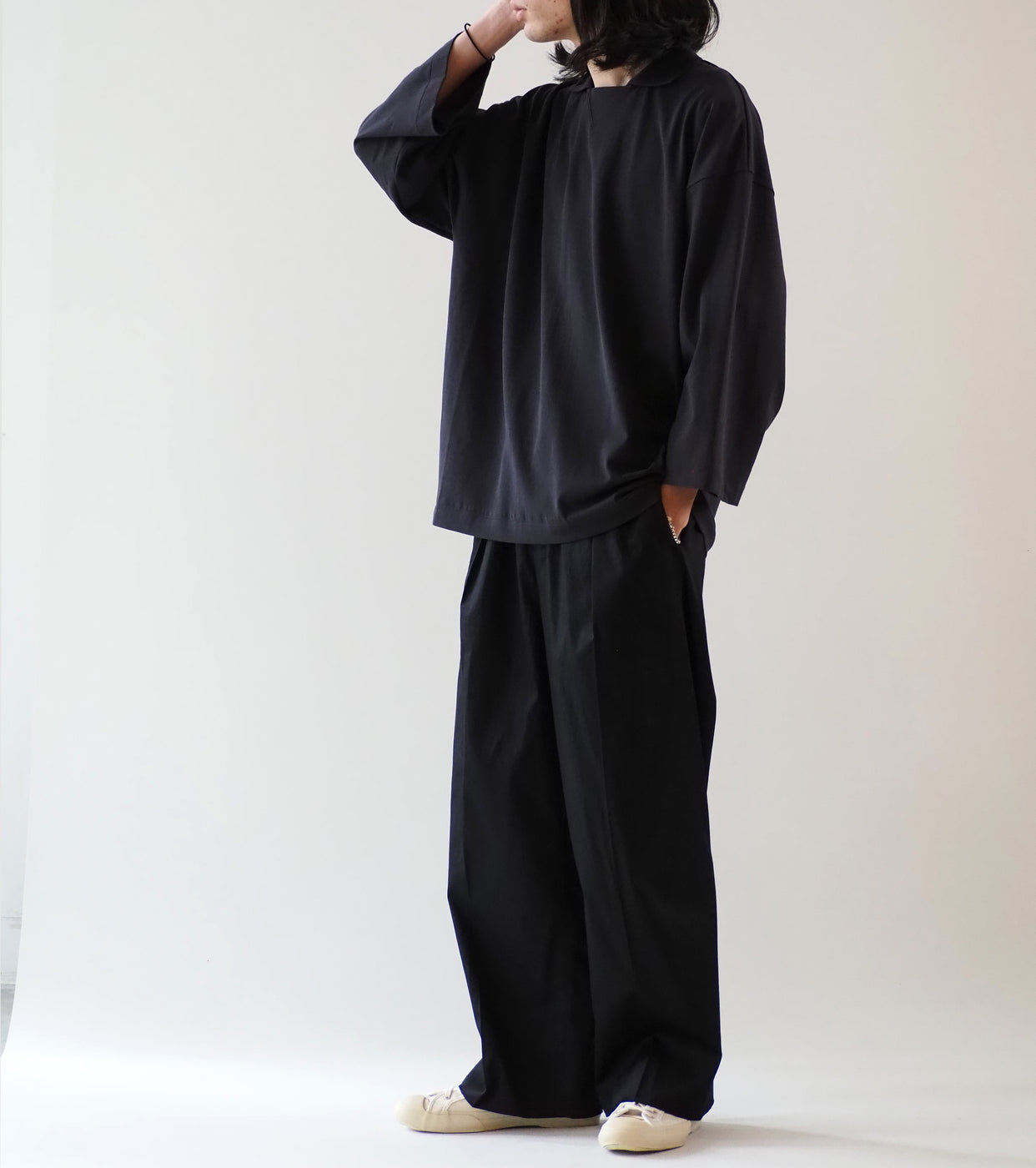 Nonnotte Tapered Over Sized Long Sleeve Polo Collar , Caviar