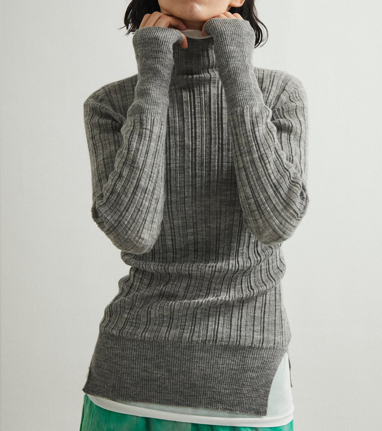 Unfil royal baby alpaca random ribbed-knit high-neck sweater ,Melange Gray