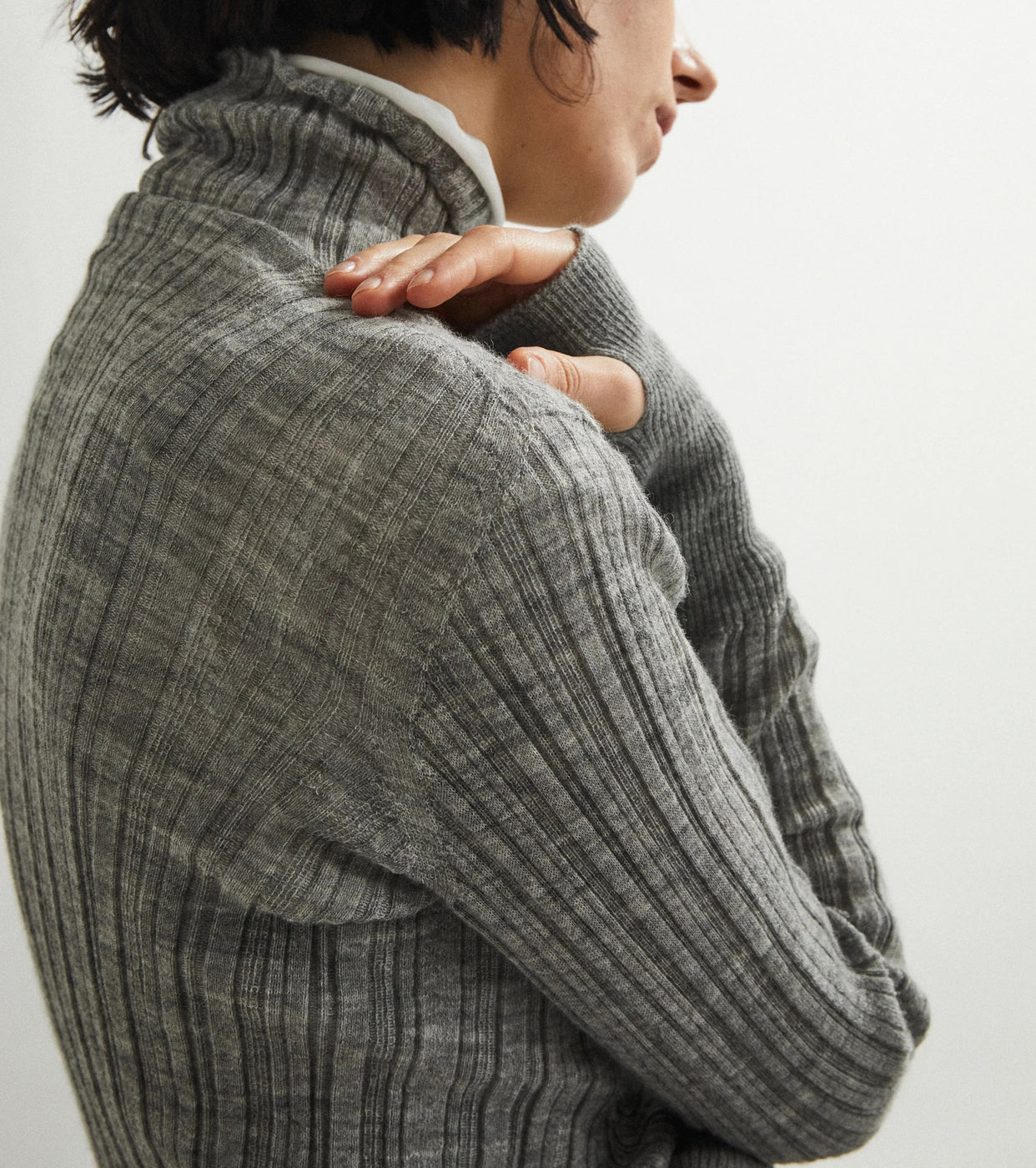 Unfil royal baby alpaca random ribbed-knit high-neck sweater ,Melange Gray