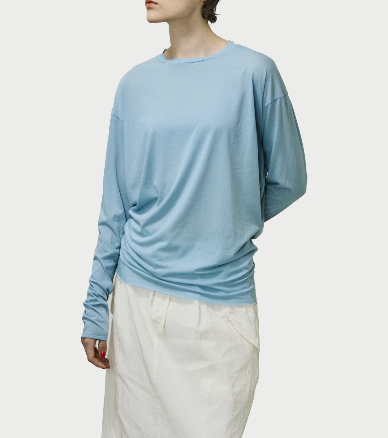 Unfil twisted cotton sheer jersey long sleeve Tee, Light blue