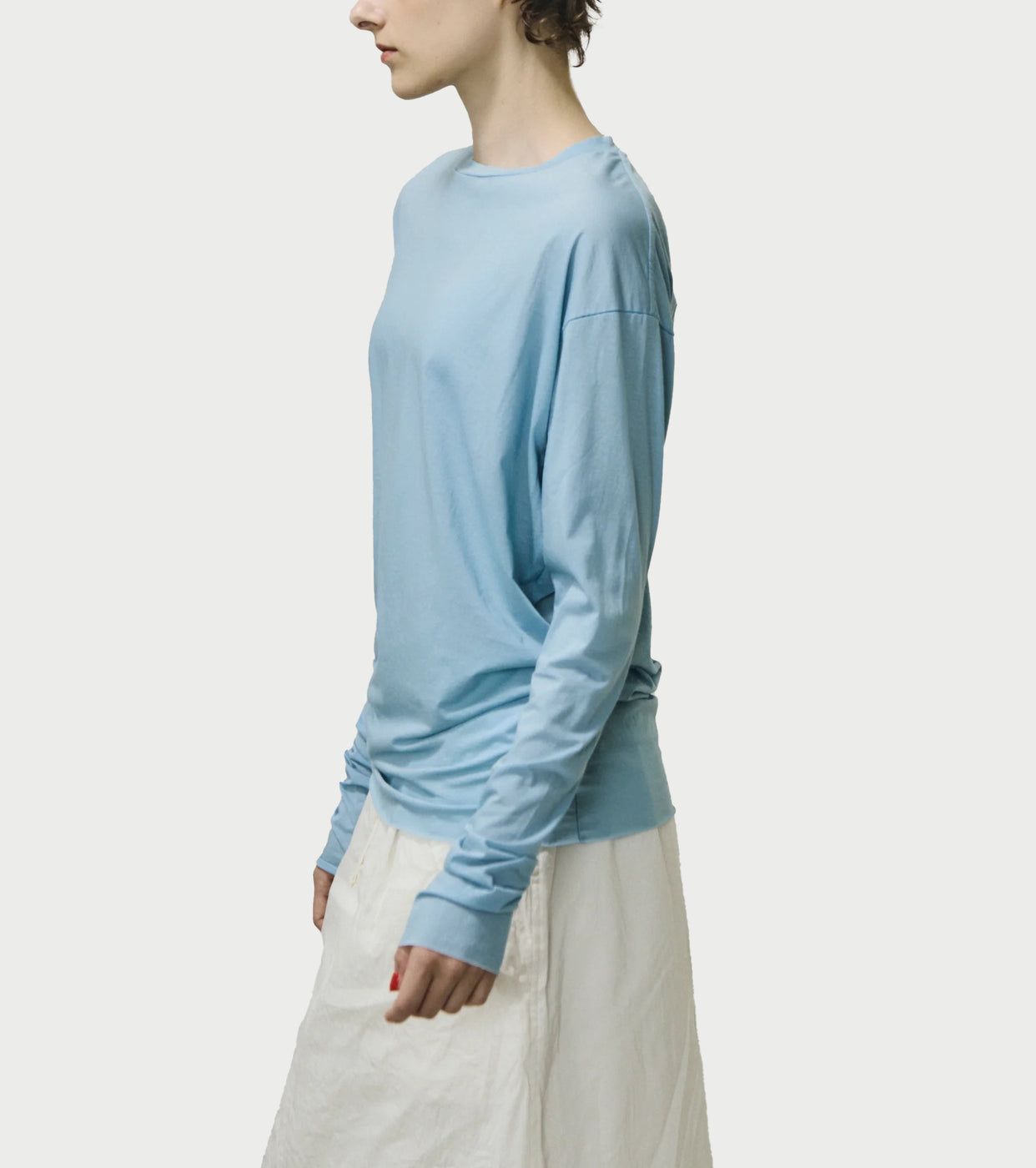 Unfil twisted cotton sheer jersey long sleeve Tee, Light blue