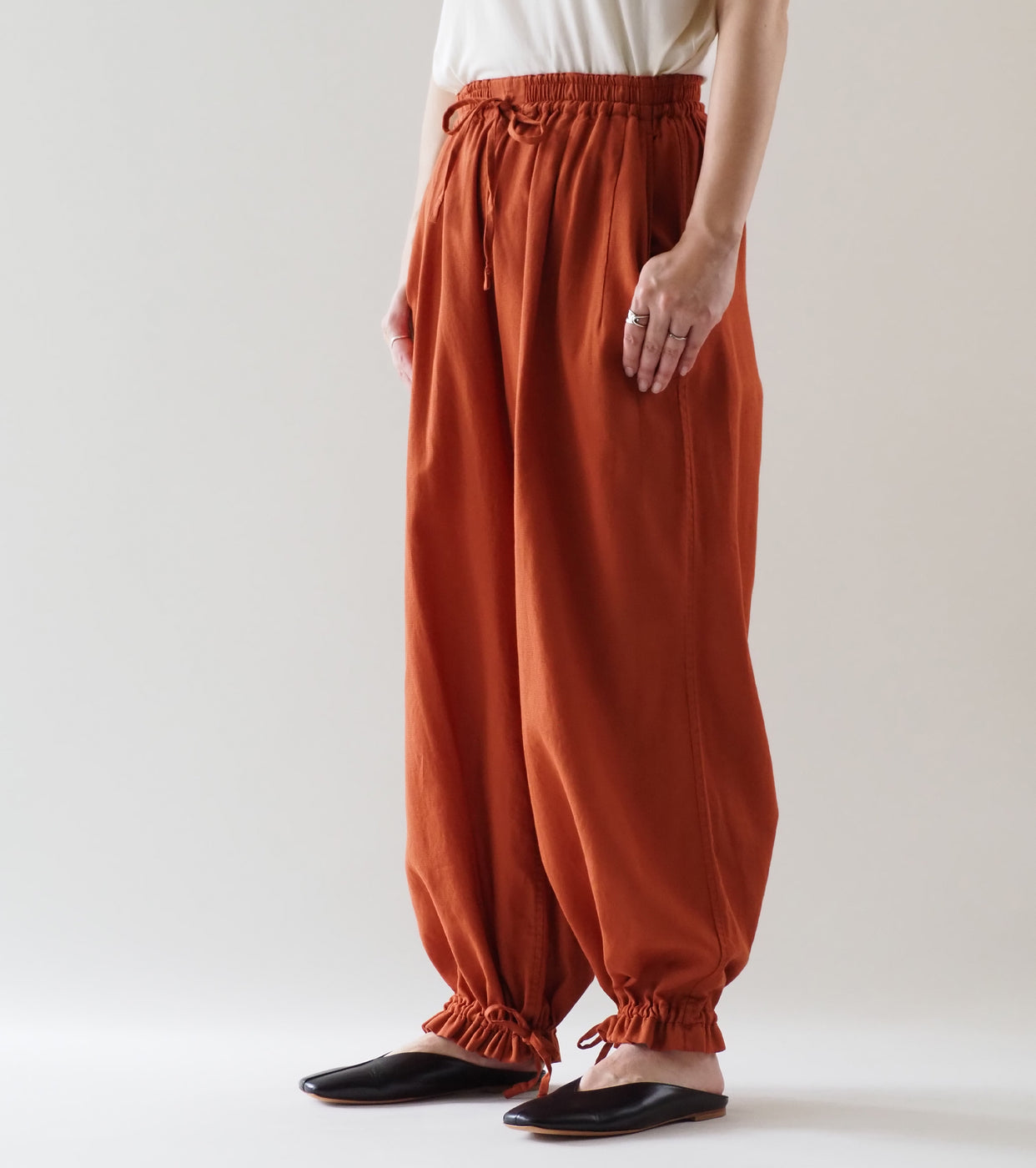 Unfil  Cotton Panama Drawstring Wide-Leg Pants, Brick Red