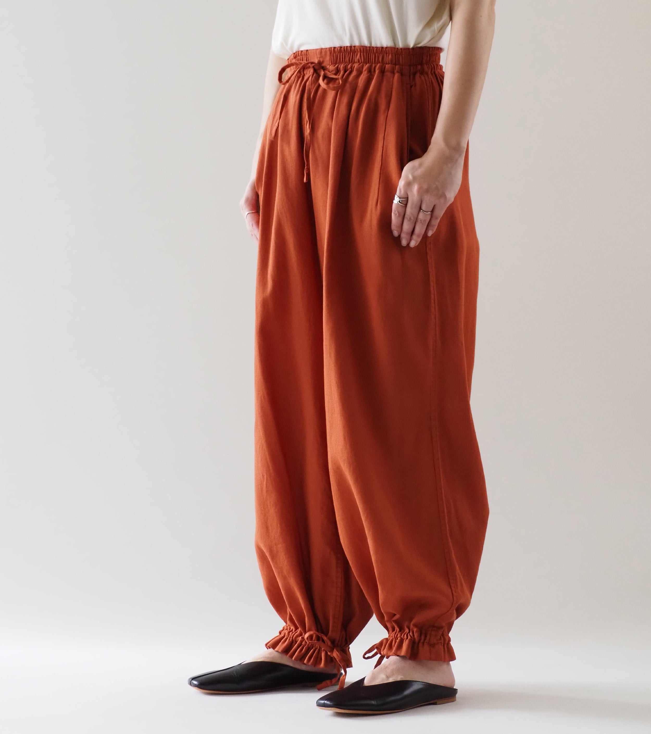 Unfil  Cotton Panama Drawstring Wide-Leg Pants, Brick Red