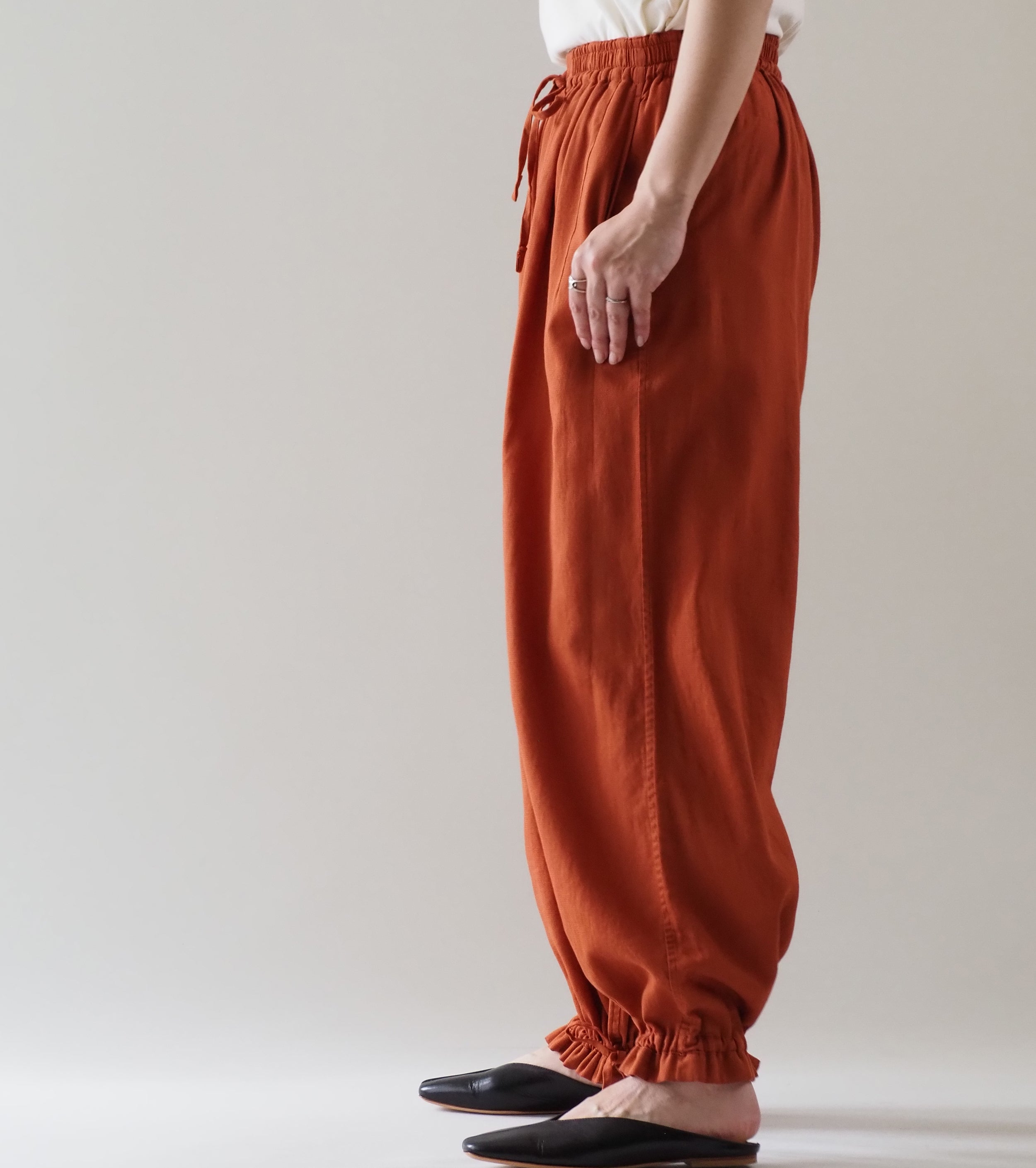 Unfil  Cotton Panama Drawstring Wide-Leg Pants, Brick Red