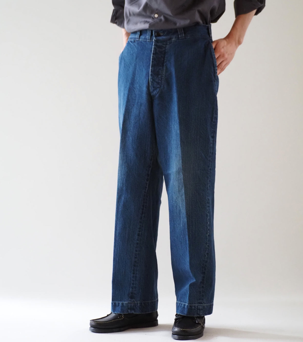 CIOTA Denim Slacks , Medium Dark Blue Damage