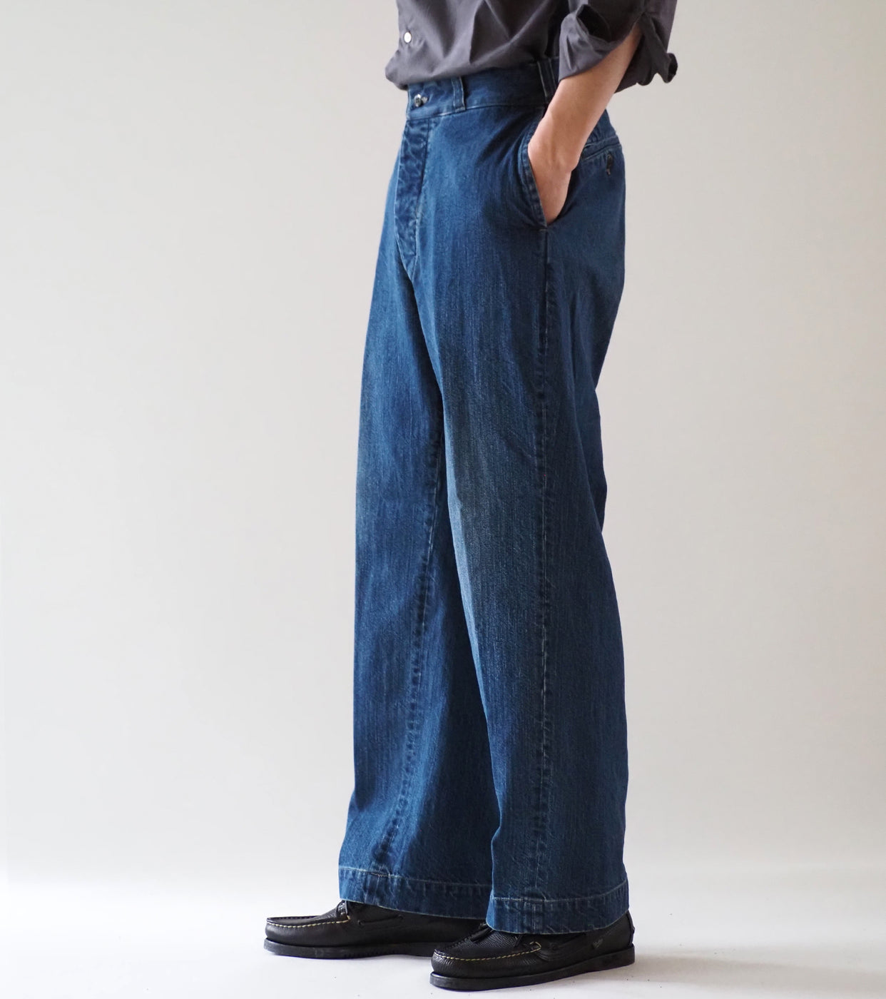 CIOTA Denim Slacks , Medium Dark Blue Damage