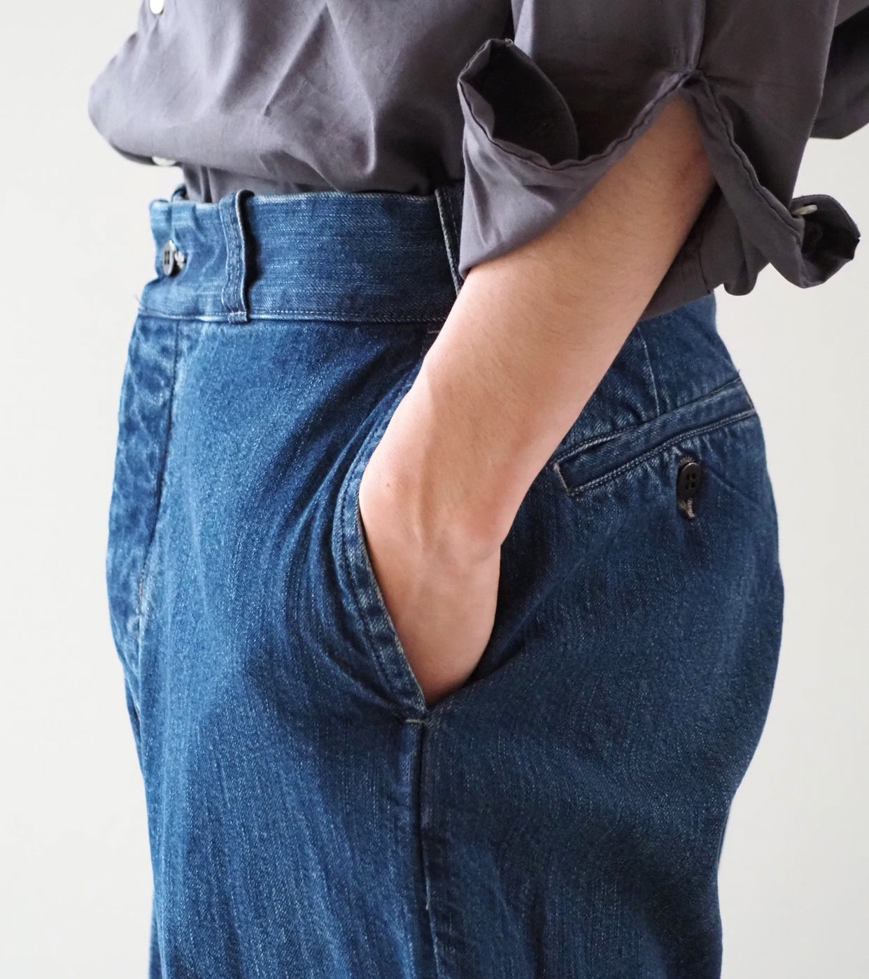CIOTA Denim Slacks , Medium Dark Blue Damage