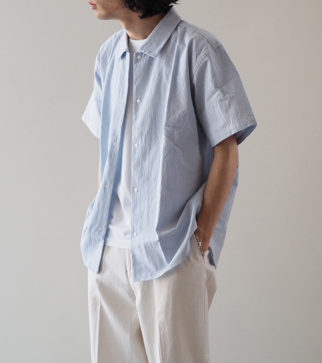 YAECA Comfort Shirt Short Sleeve , Sax Stripe