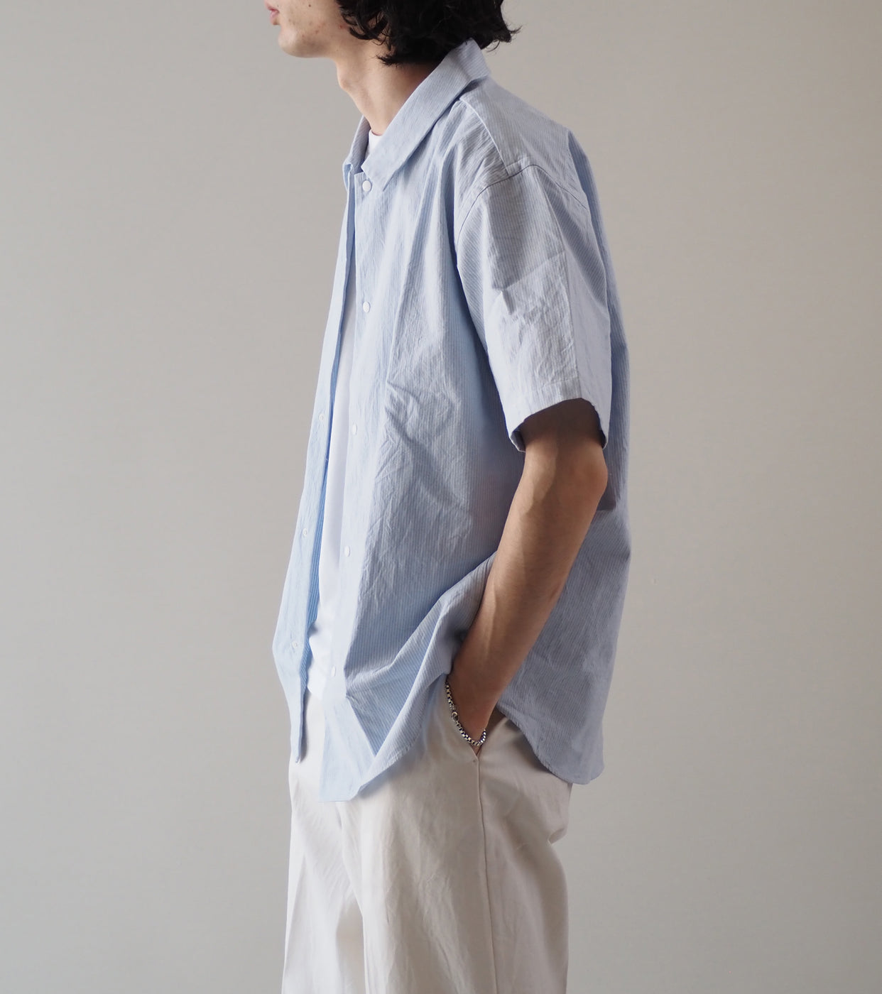YAECA Comfort Shirt Short Sleeve , Sax Stripe
