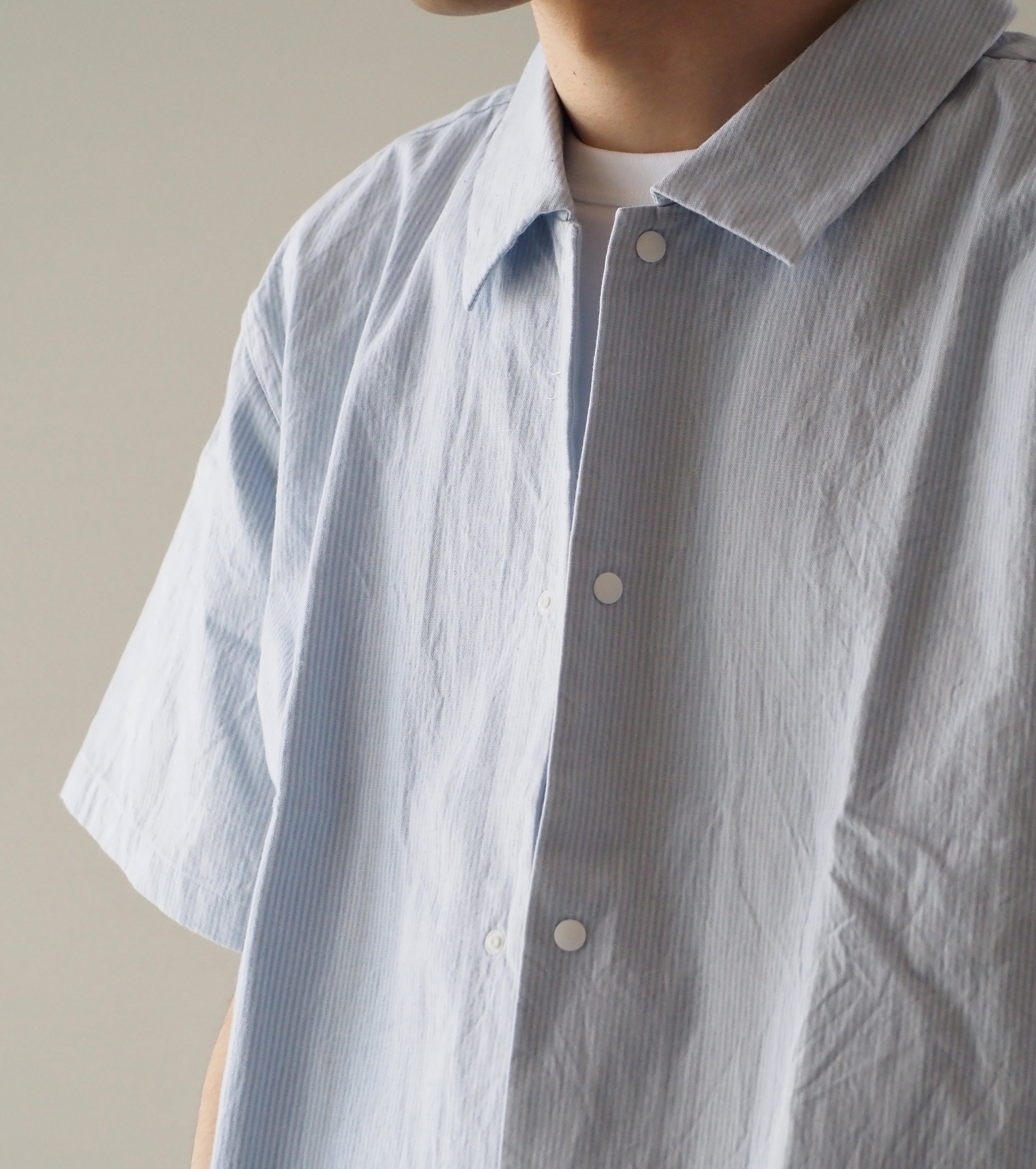 YAECA Comfort Shirt  Short Sleeve , Sax Stripe