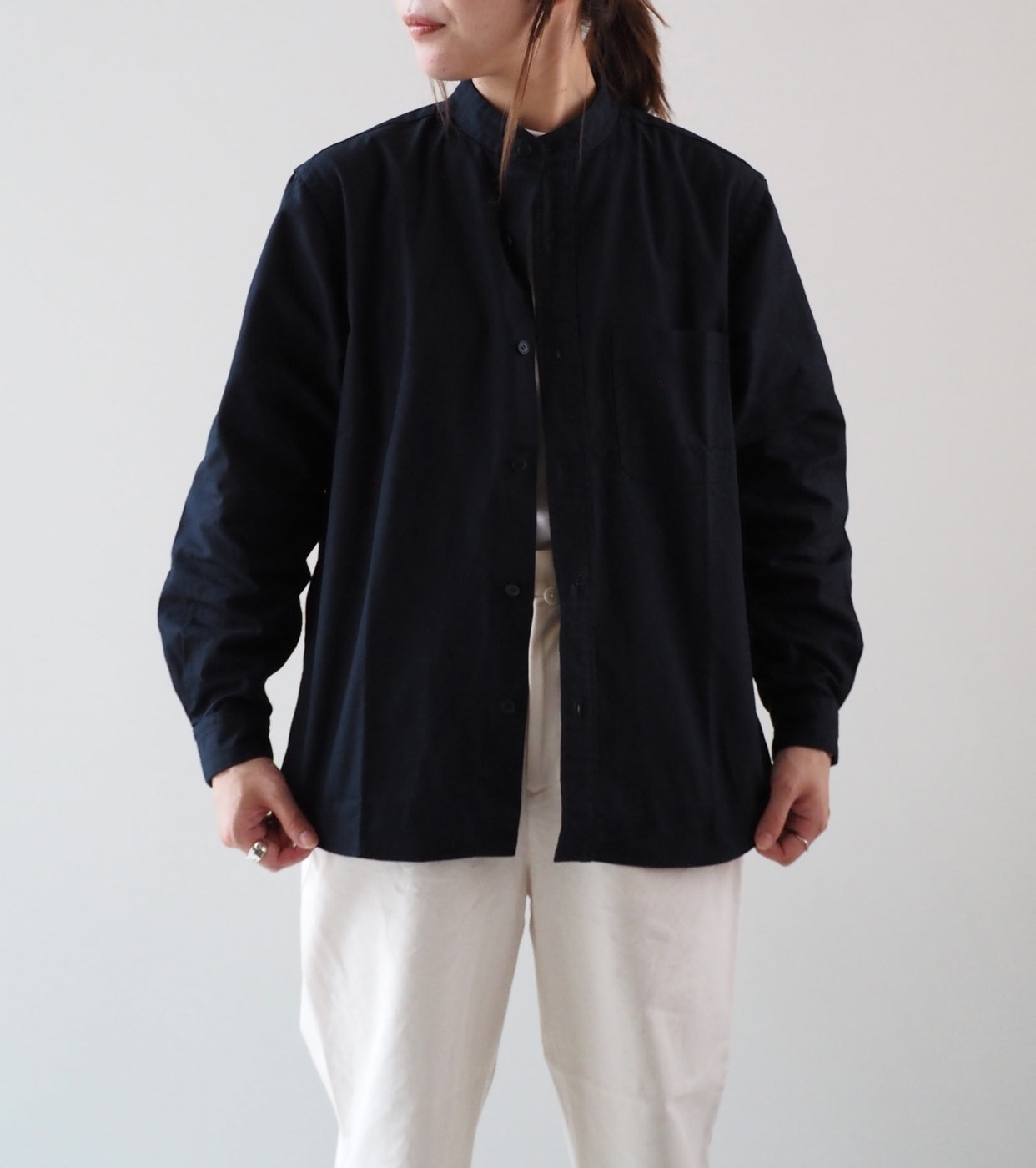 YAECA  CANVAS DESIGN Stand Collar Shirt , Dark Navy