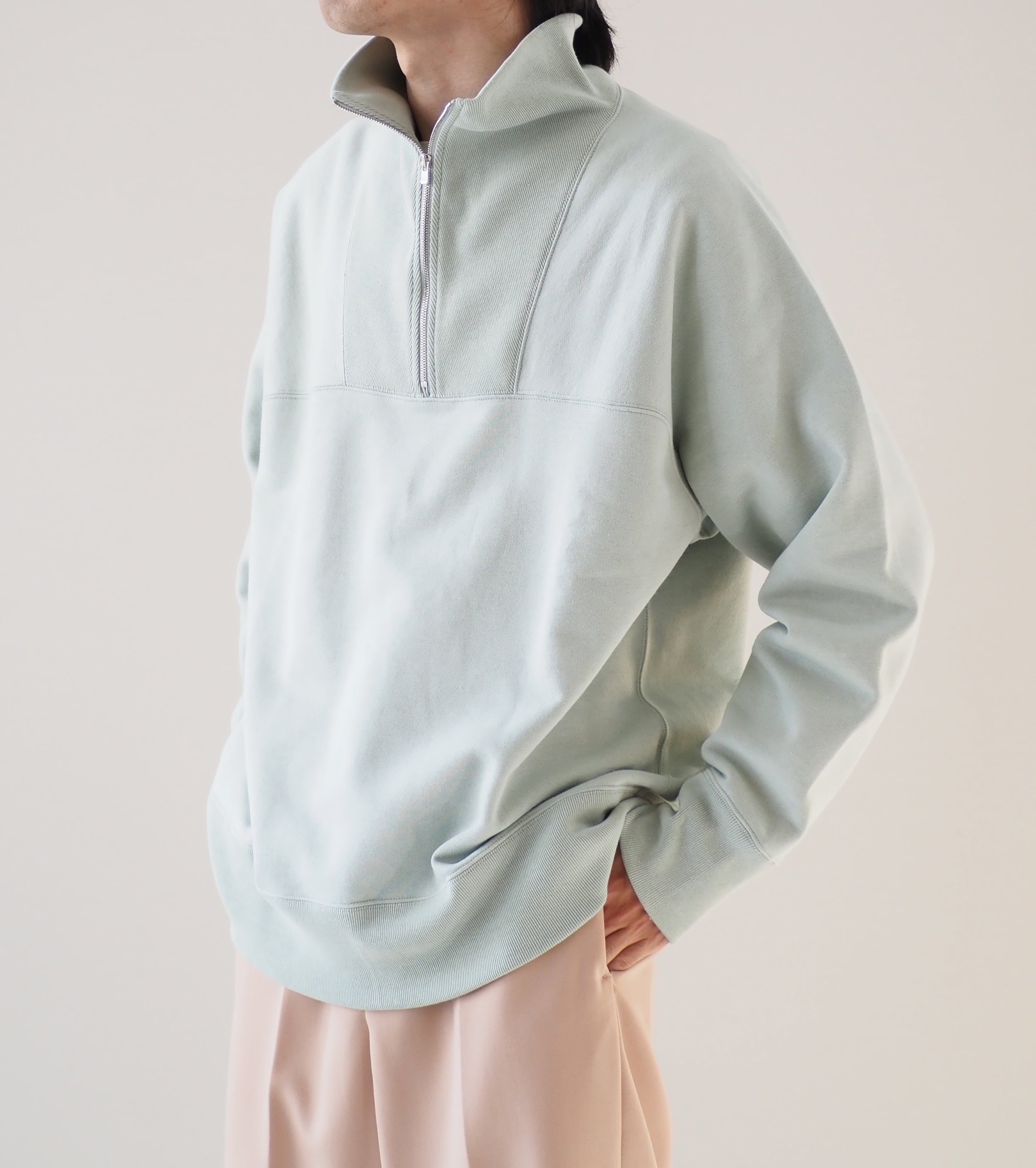 コットン空紡裏毛 ハーフジップ, Green – Navyblue