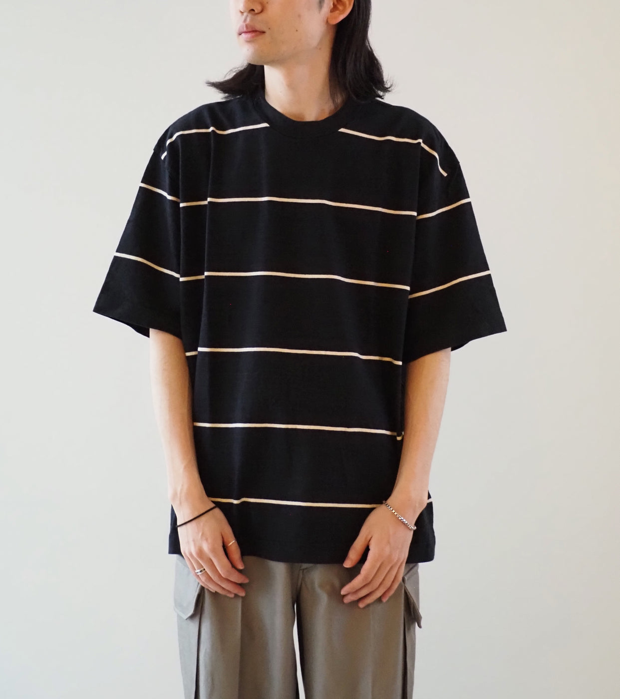 blurhms Cotton Nep Border Plain Tee Shirt , Black Body × Ivory Line