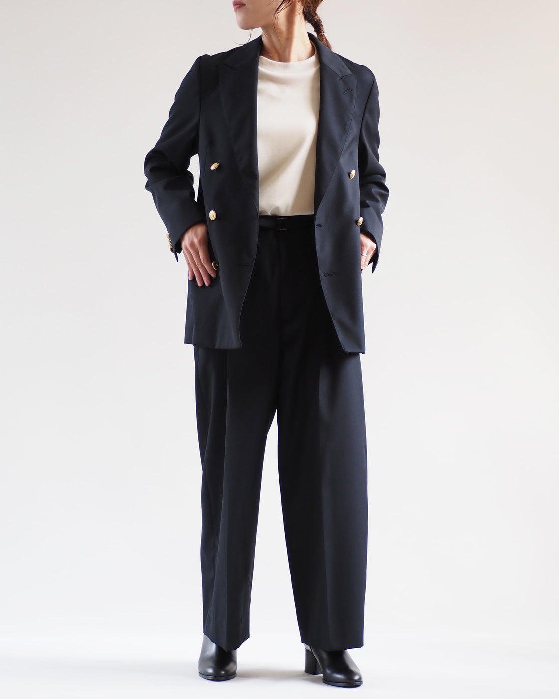 Wool Gabardine Belted Slacks, Black Navy