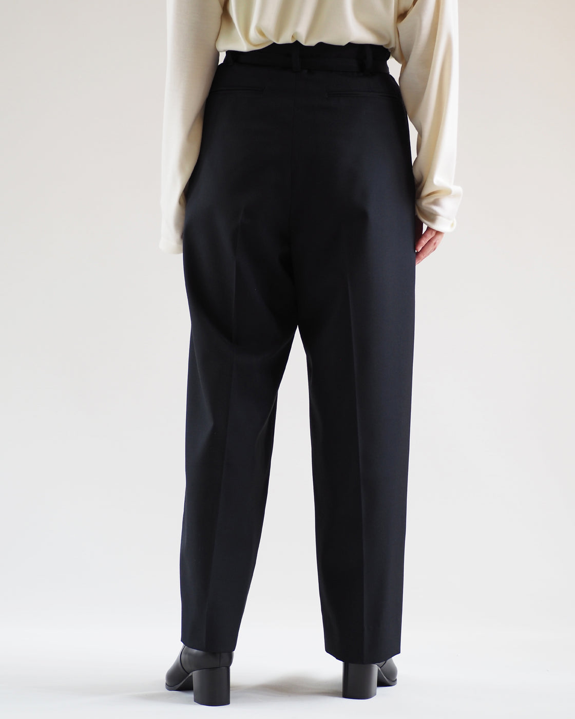Wool Gabardine Belted Slacks, Black Navy