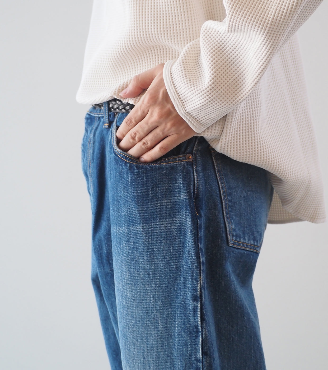 CIOTA Wide Tapered 5 Pocket Pants, Medium Dark Blue(Damage)