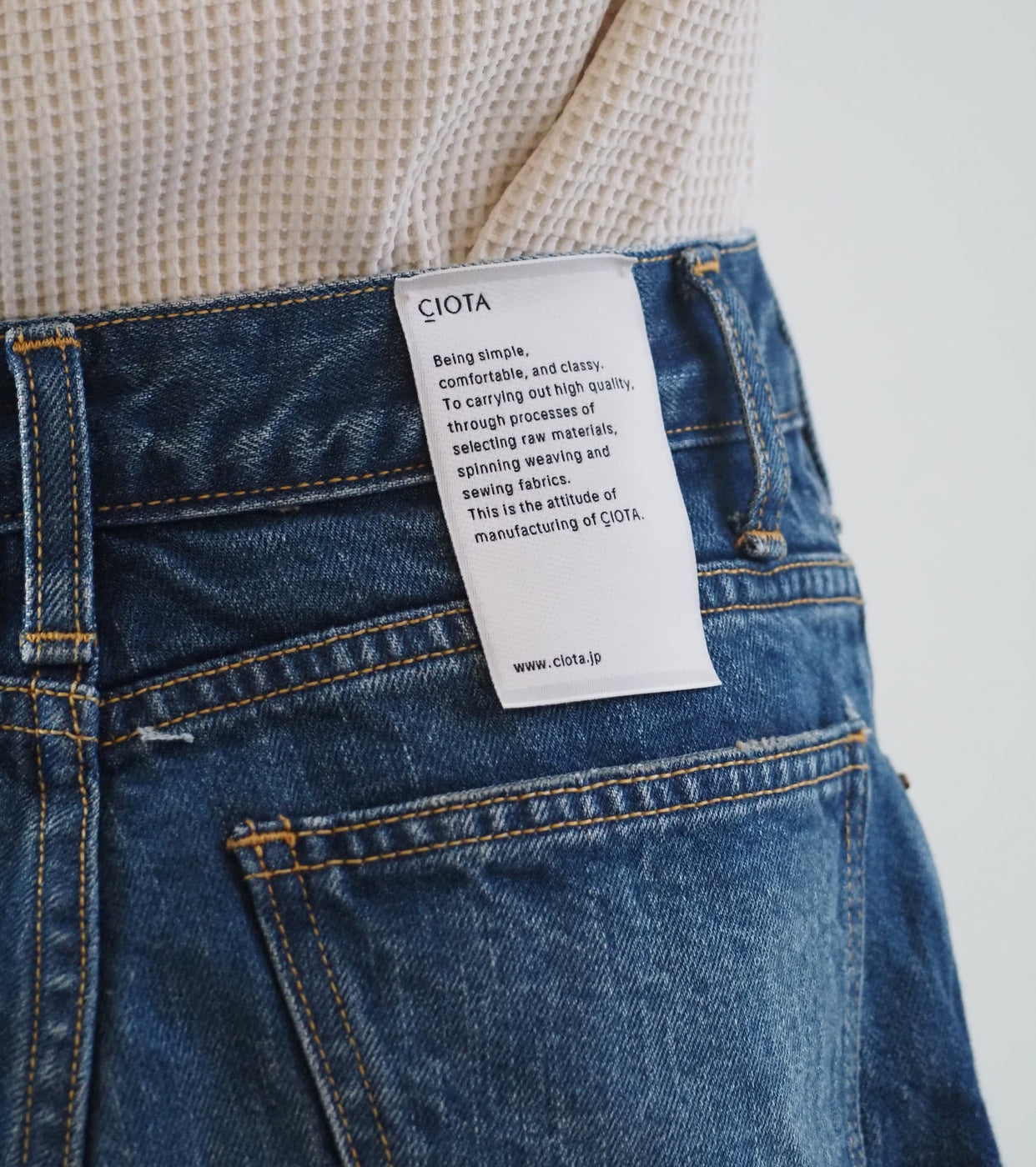 CIOTA Wide Tapered 5 Pocket Pants, Medium Dark Blue(Damage)