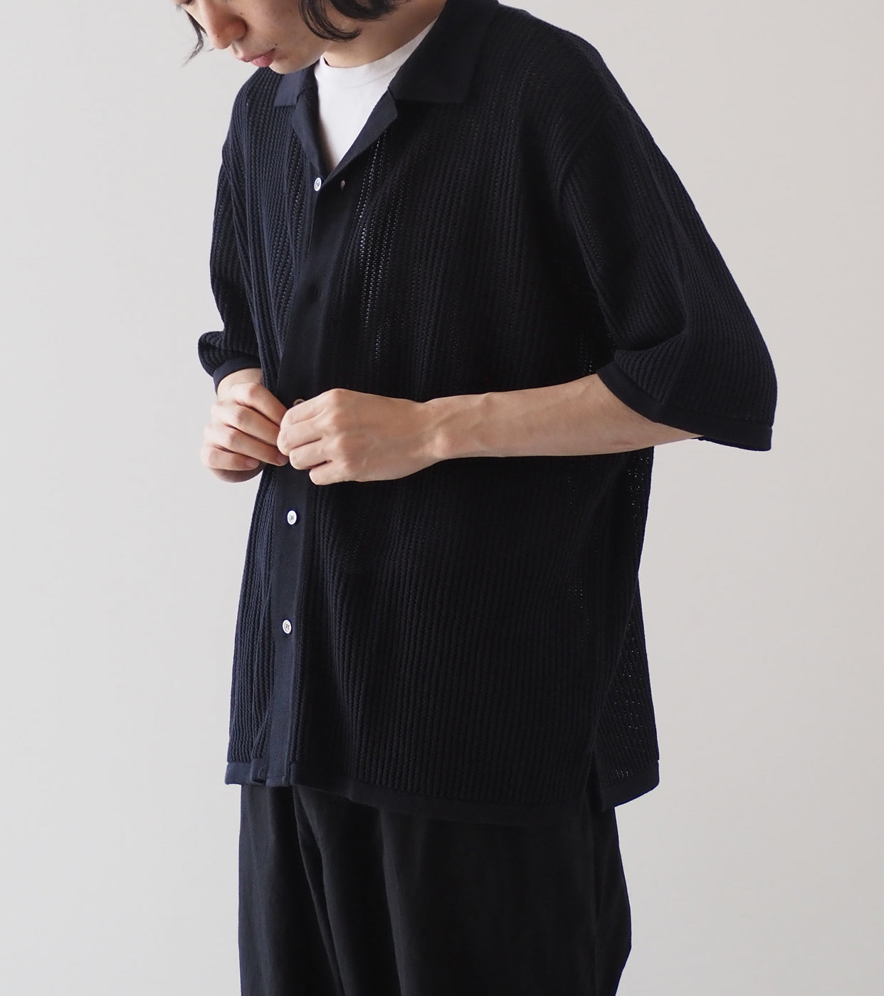 Yonetomi COTTON SUKASHI KNIT SHIRT , Black