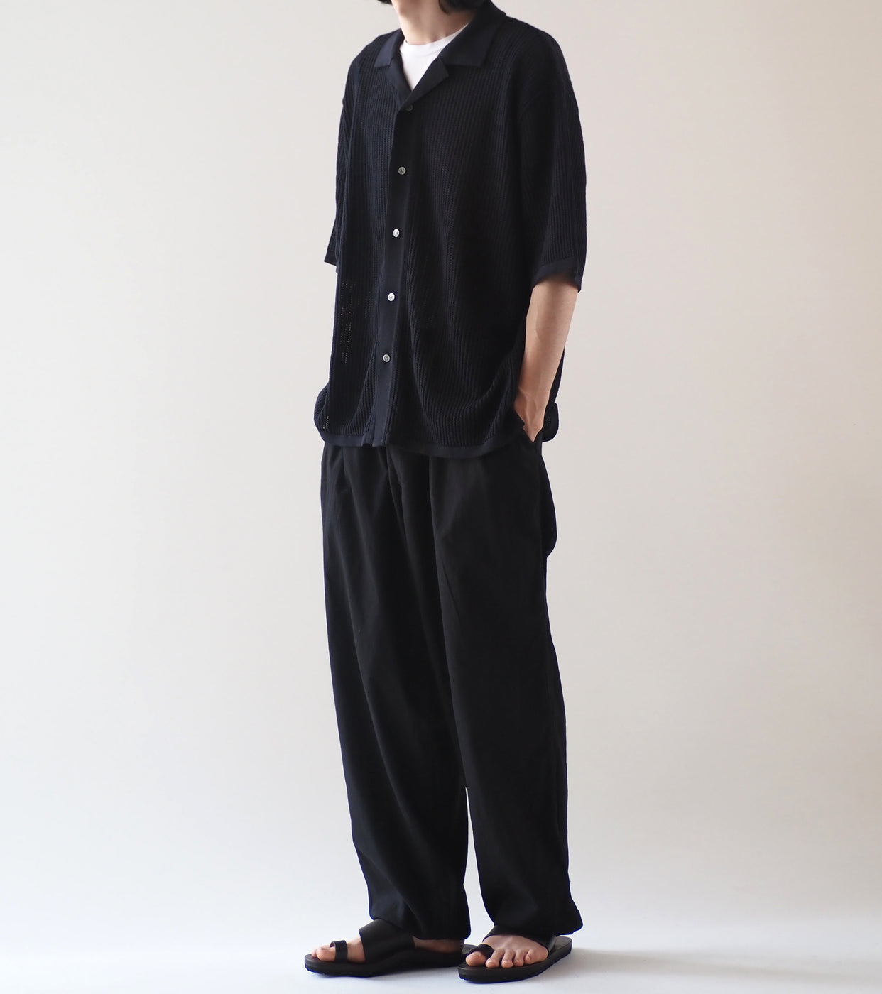 Yonetomi COTTON SUKASHI KNIT SHIRT , Black