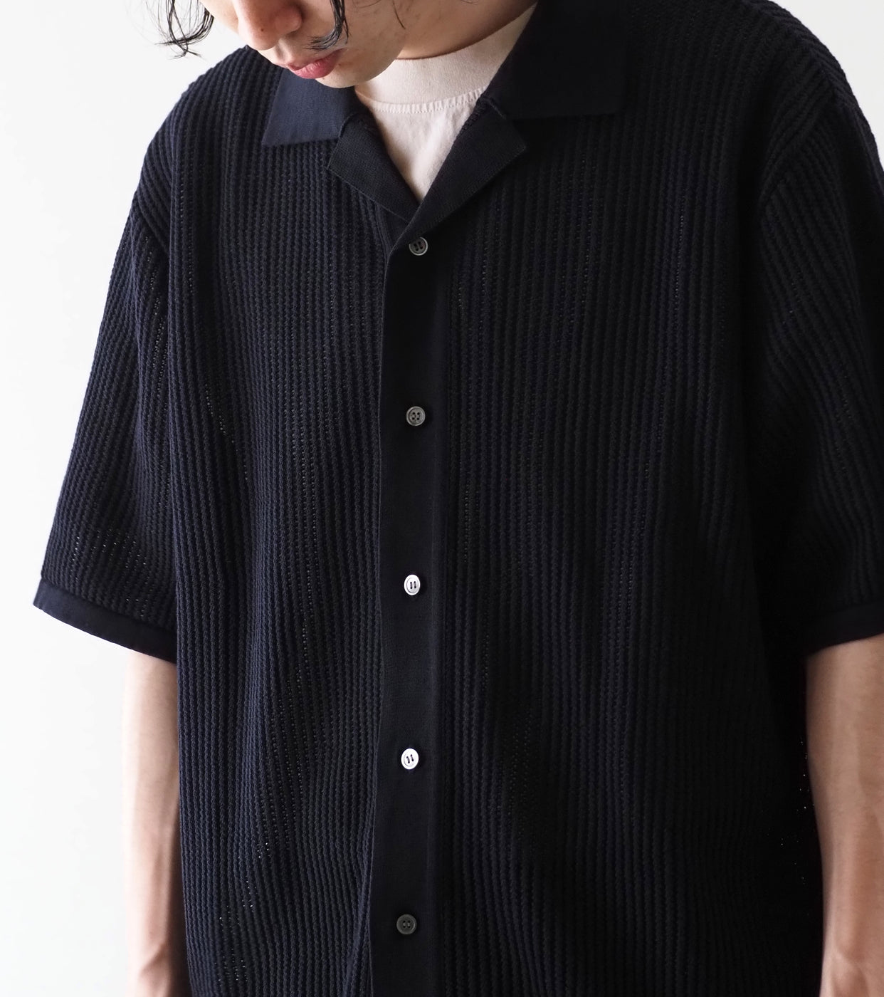 Yonetomi COTTON SUKASHI KNIT SHIRT , Black