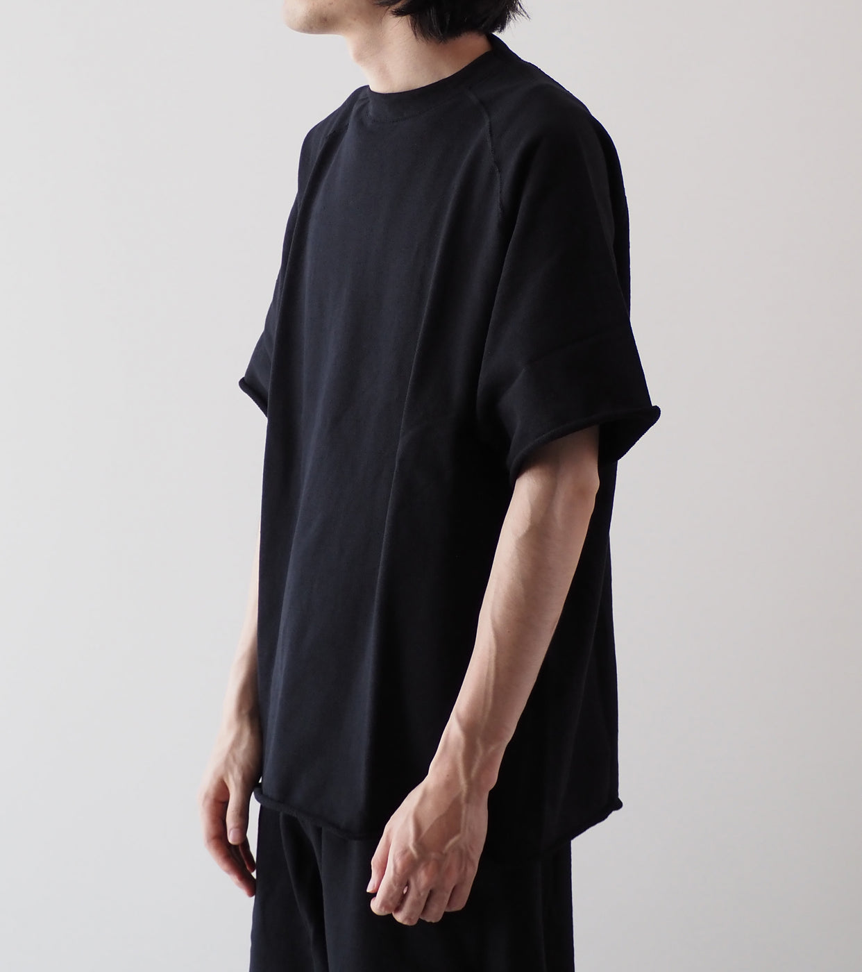 COMOLI LW Cotton French Terry Short Sleeve Crew , Black