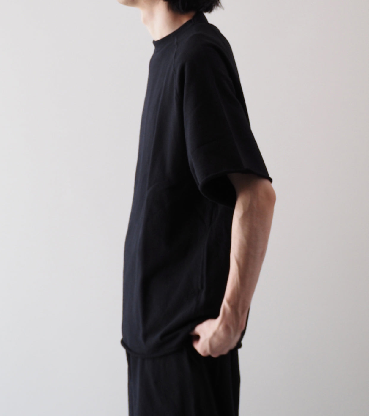 COMOLI LW Cotton French Terry Short Sleeve Crew , Black