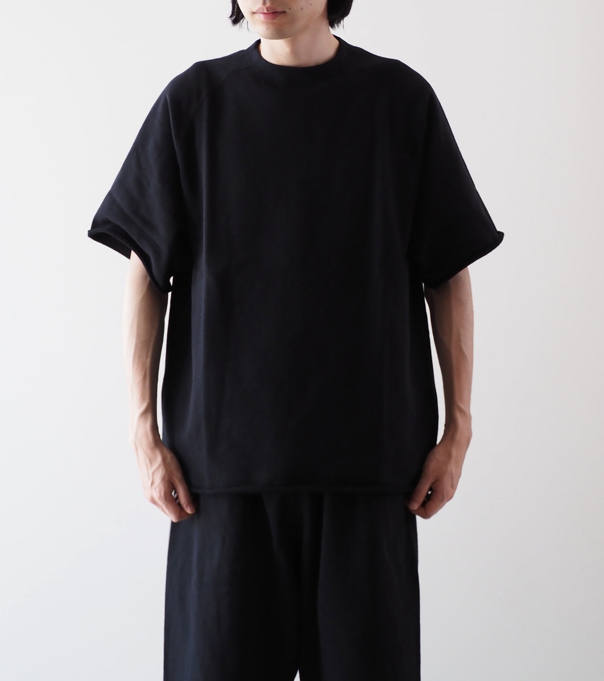 COMOLI LW Cotton French Terry Short Sleeve Crew , Black