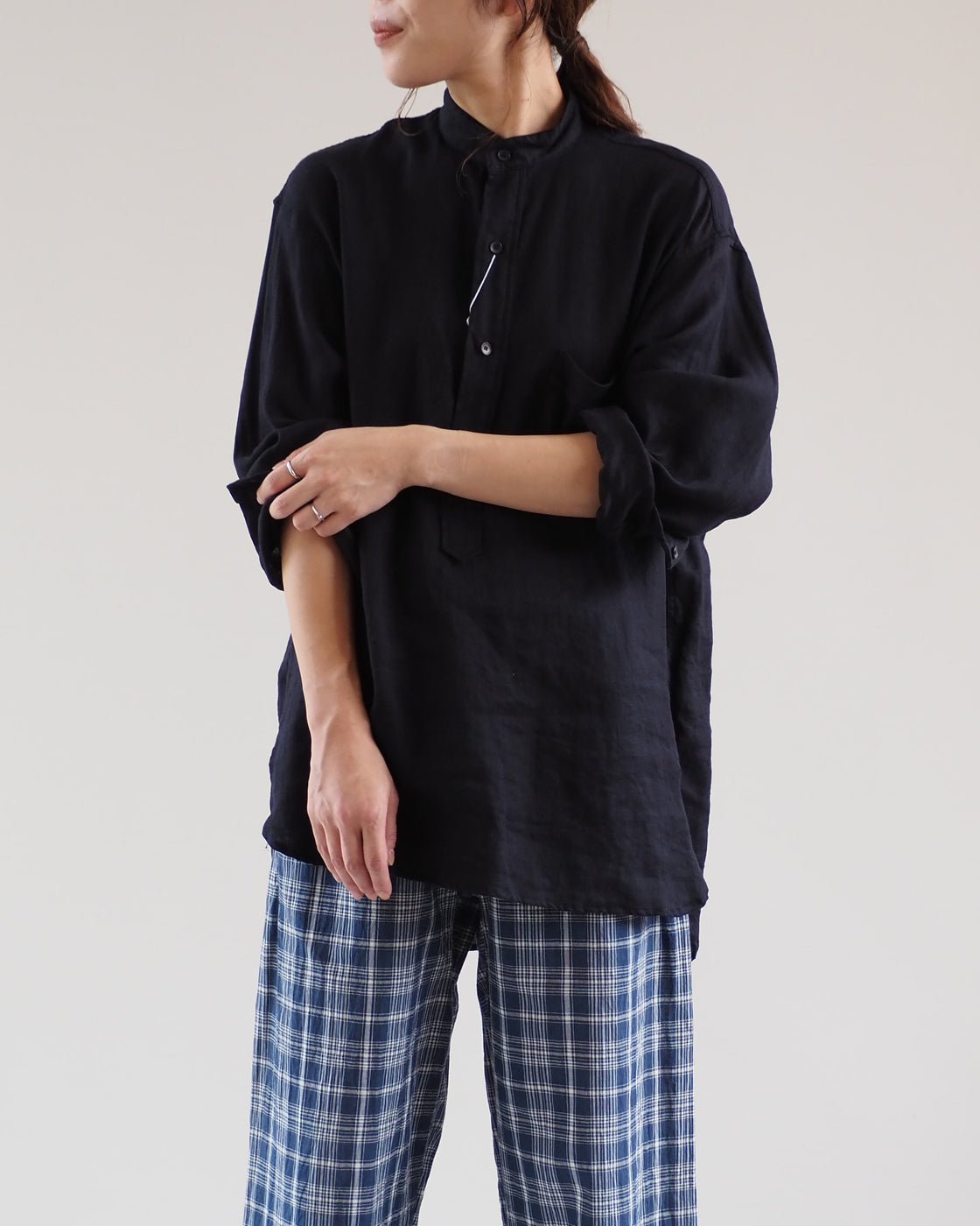 Linen twill pullover shirt, Navy