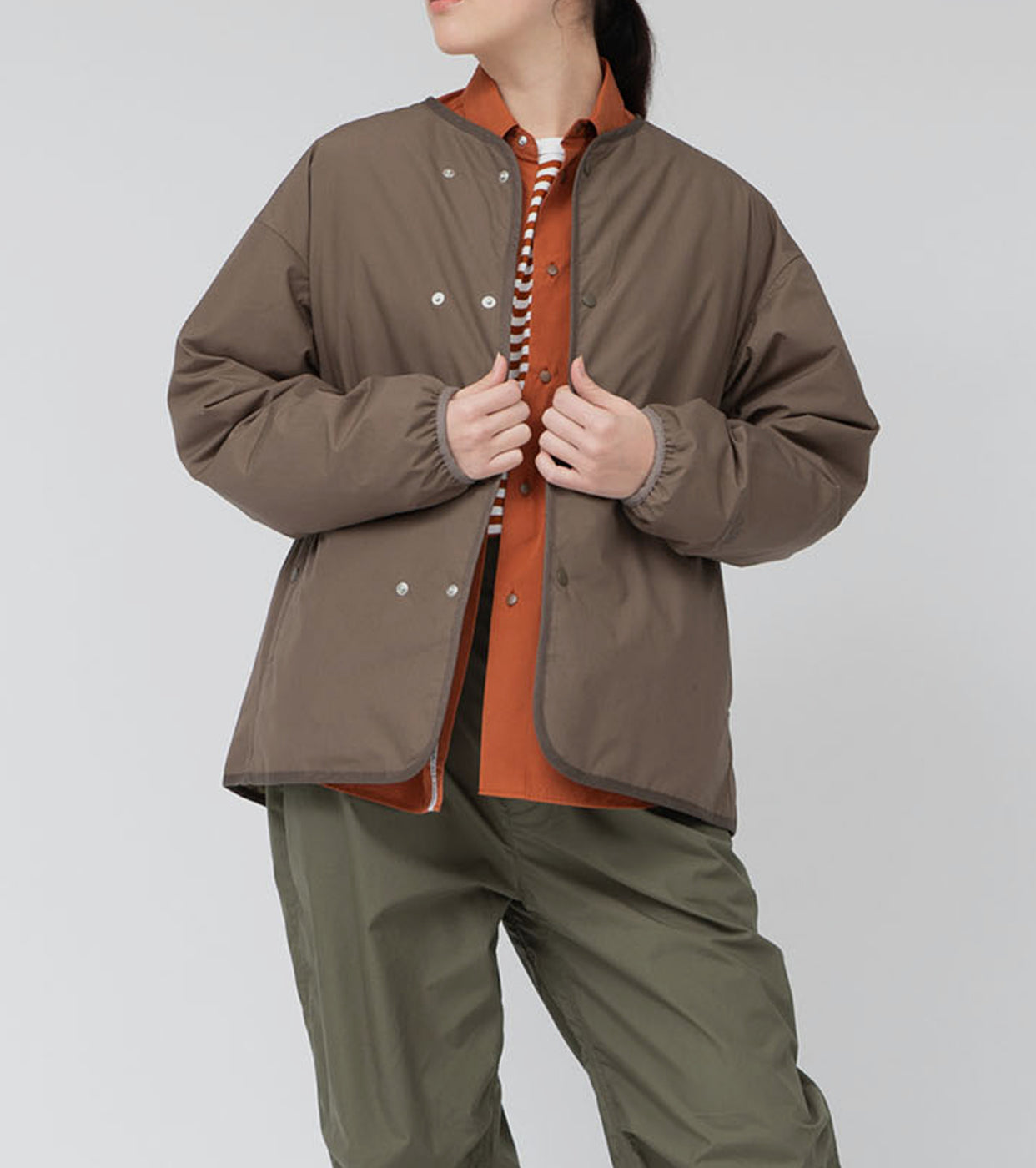 nanamica Women Reversible Down Cardigan, Khaki beige