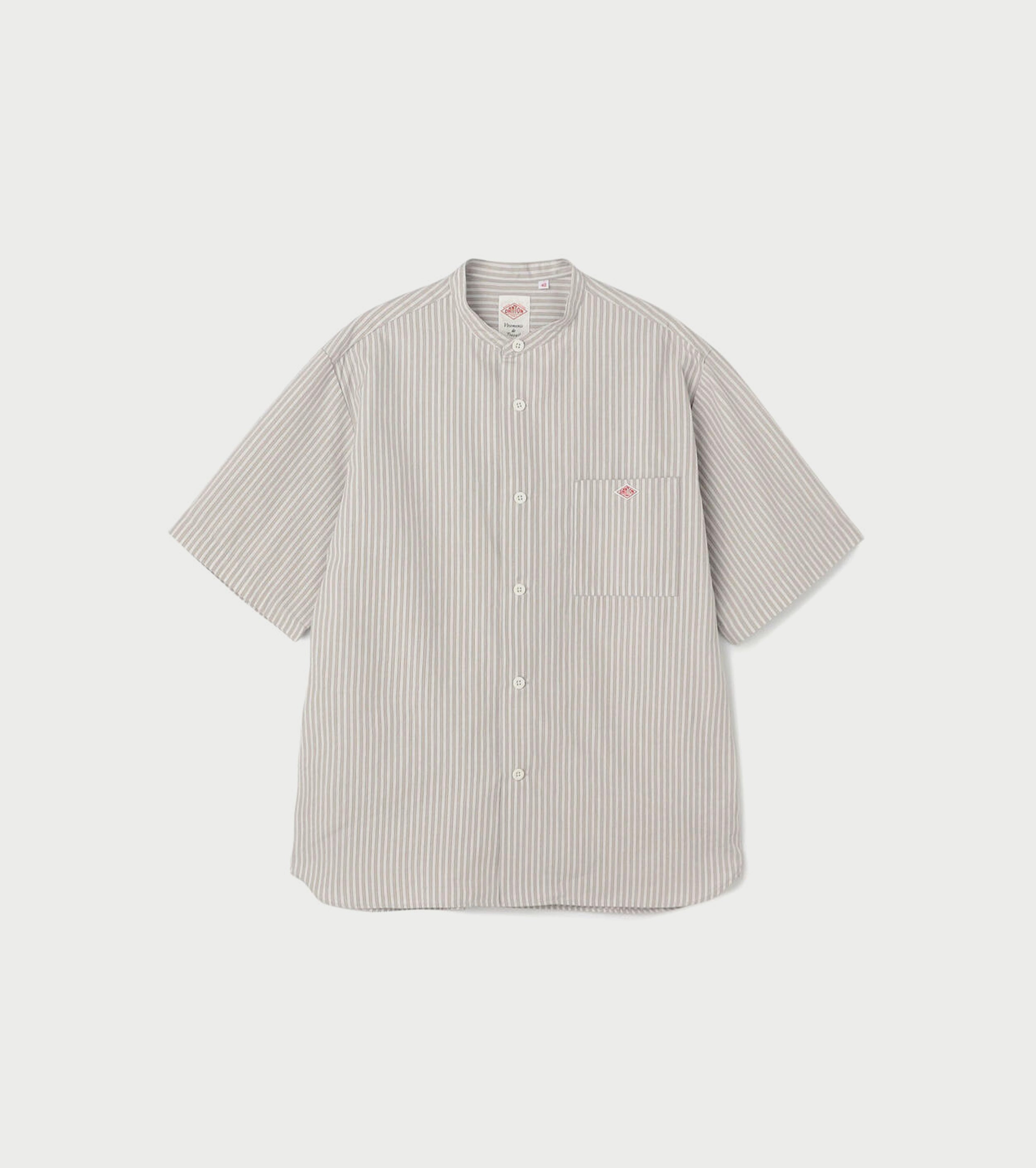 DANTON Cotton Linen Short Sleeve Band Collar Shirt Stripe , Grey× White Stripe
