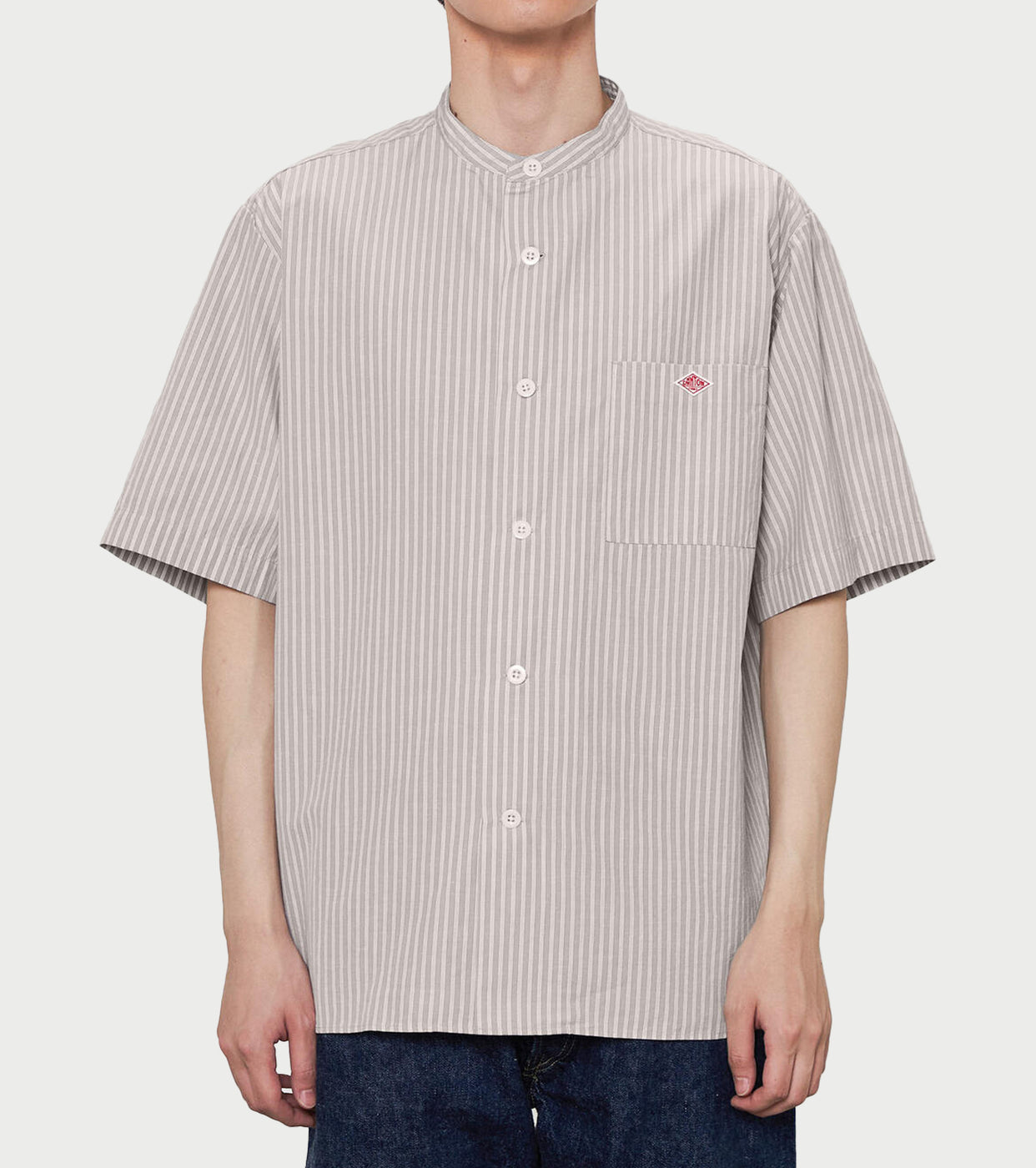 DANTON Cotton Linen Short Sleeve Band Collar Shirt Stripe , Grey× White Stripe