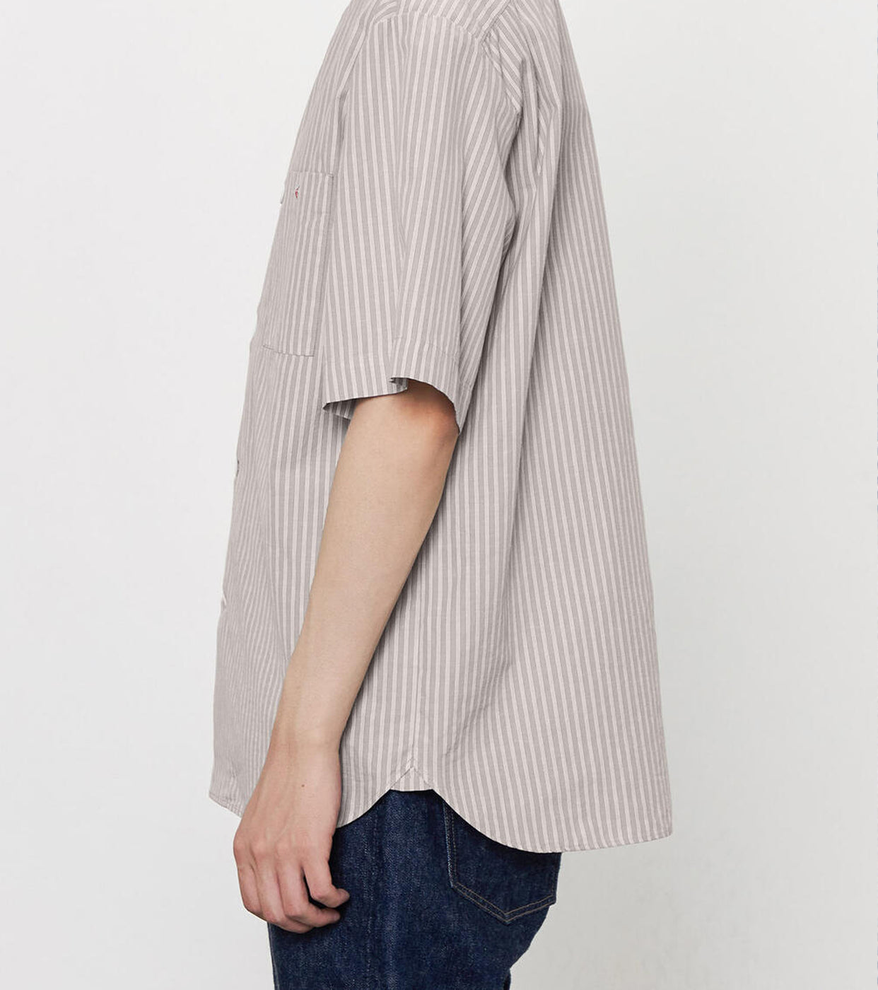 DANTON Cotton Linen Short Sleeve Band Collar Shirt Stripe , Grey× White Stripe