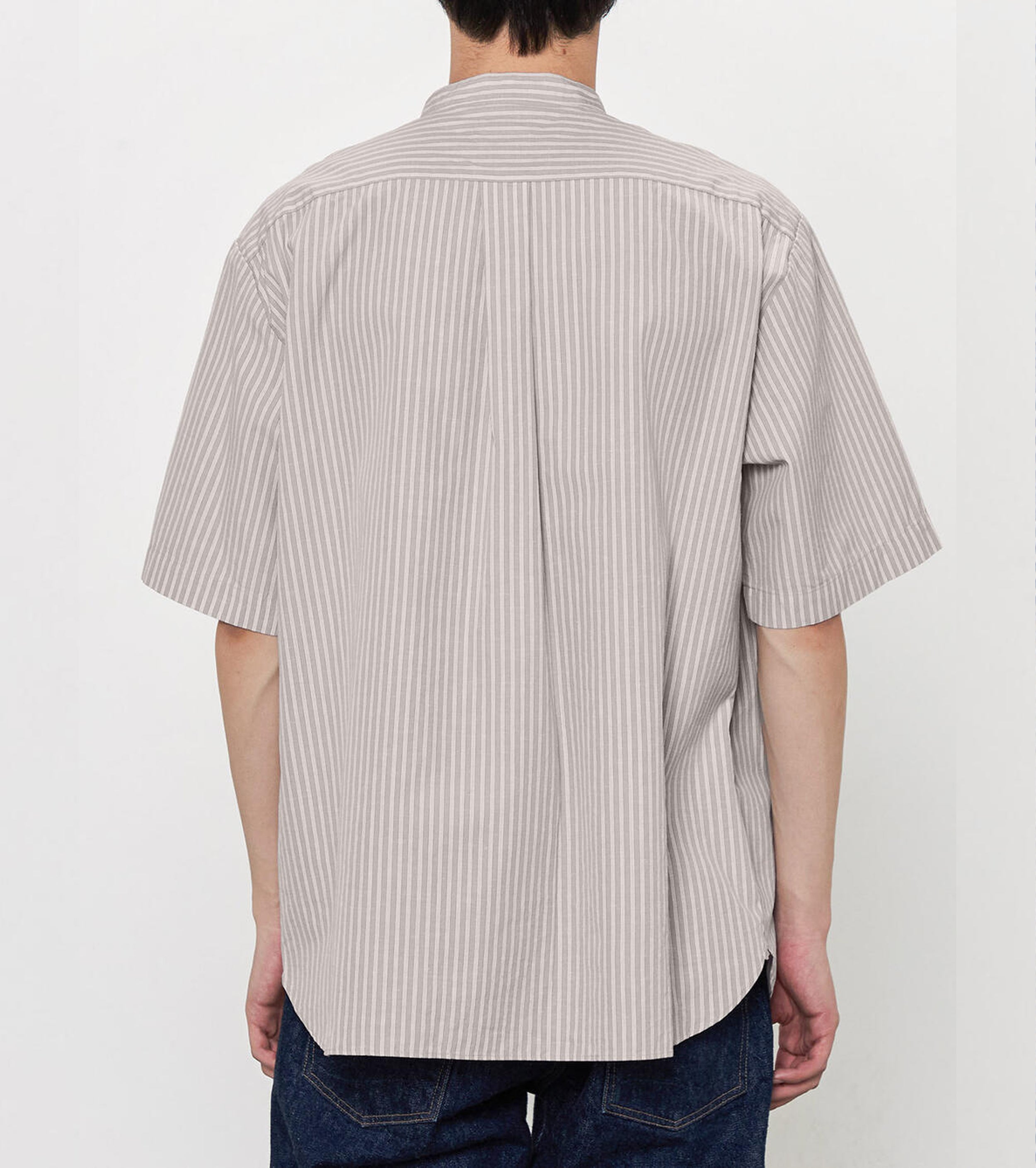 DANTON Cotton Linen Short Sleeve Band Collar Shirt Stripe , Grey× White Stripe