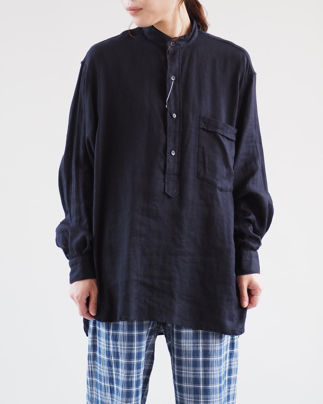 Linen twill pullover shirt, Navy