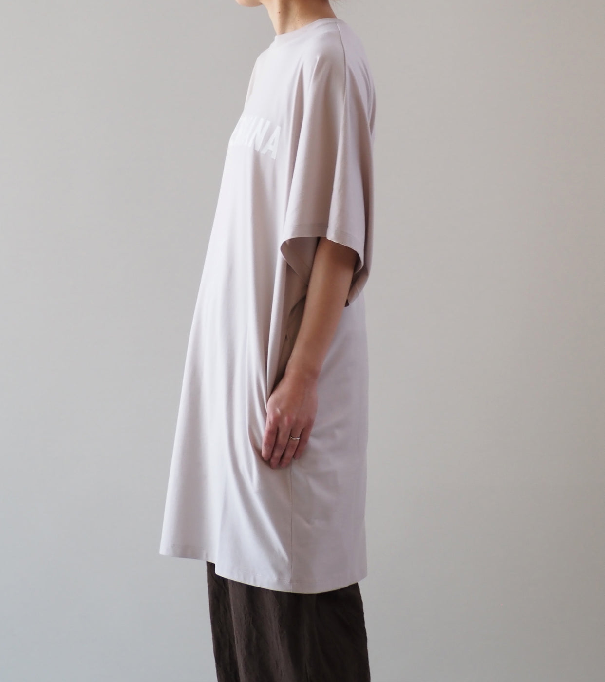 Americana Wide Sleeve Tee Shirt Tunic Length , Greige